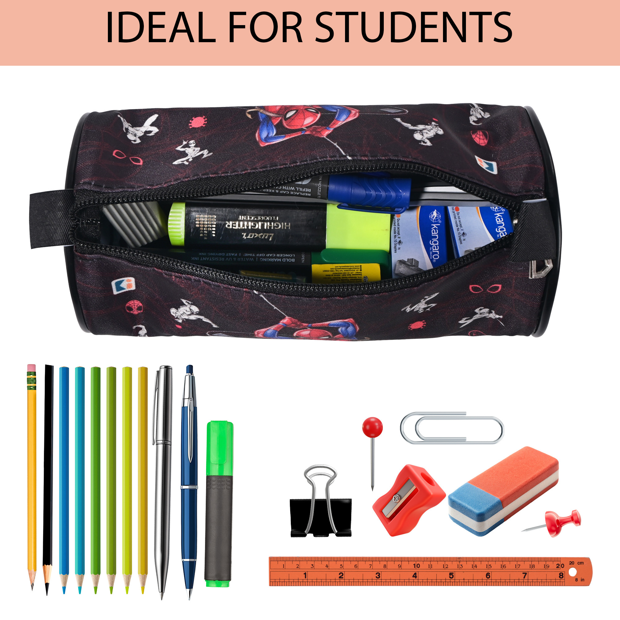 Kuber Industries Round Pencil Pouch For Kids  Multipurpose  Easy-To-Carry Pen  Markers School Supply Organizer For Stationary  Marvel Spiderman - Black