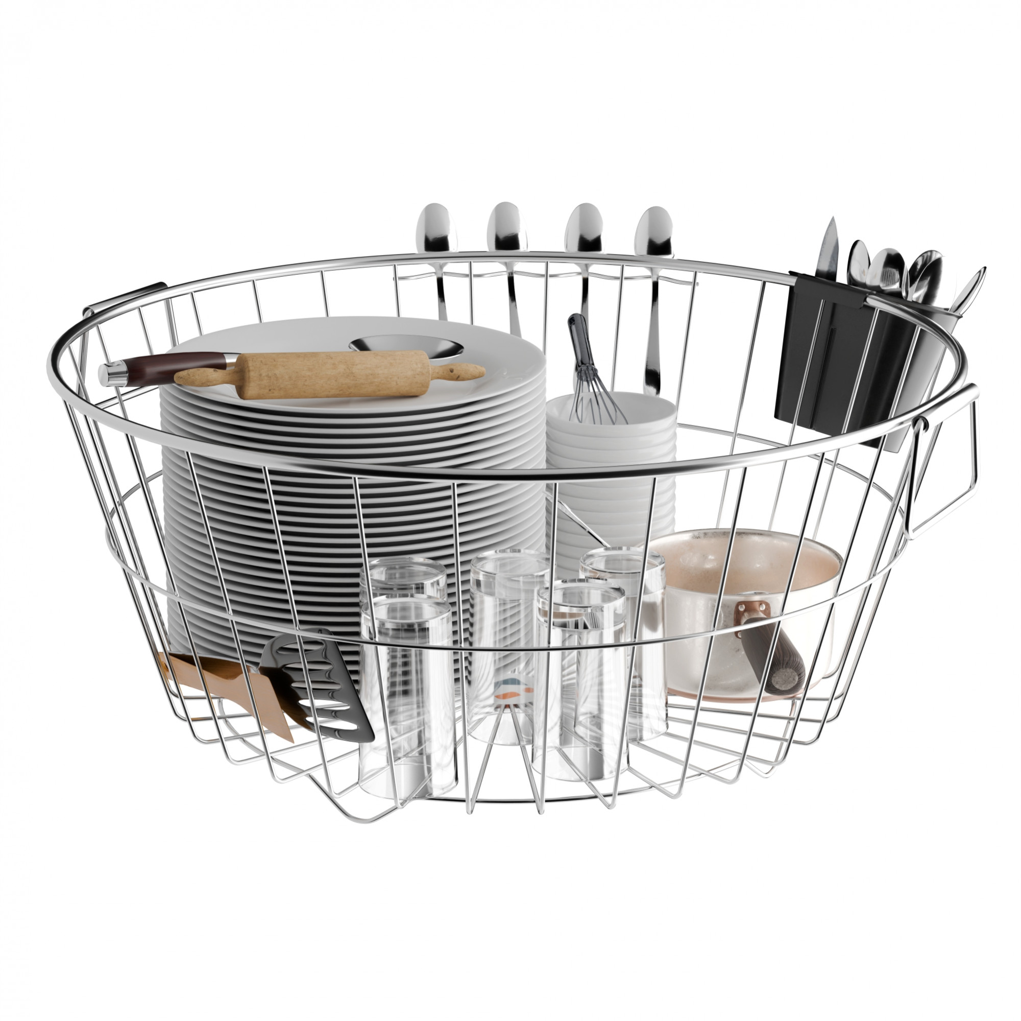 Kuber Industries Round Stainless Steel Utensils Drying Rack with Plastic Cutlery Holder  Dish Organiser with Handle  Vessel Drainer Basket  BartanUtensil Stand for Kitchen  Silver