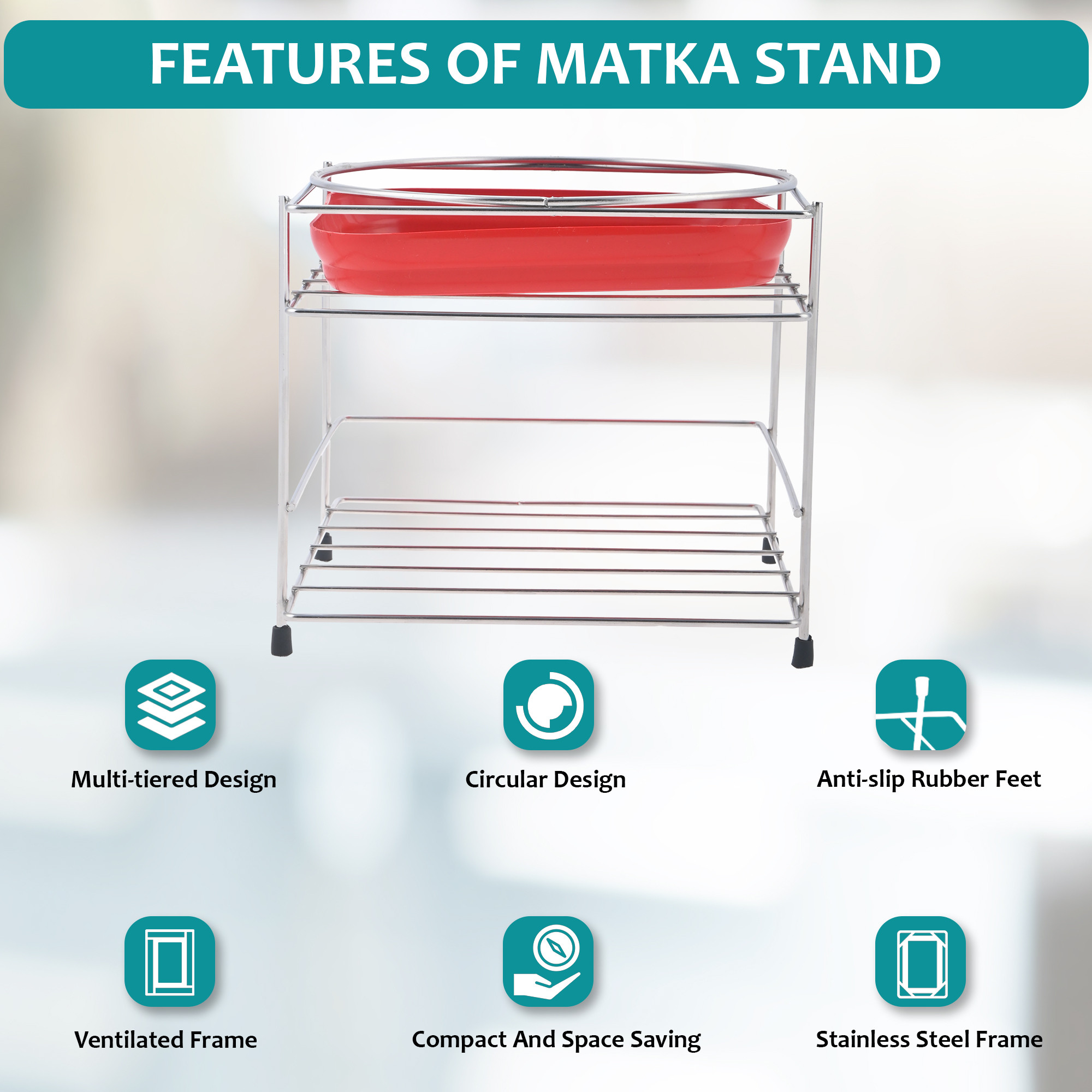 Kuber Industries Round Surface Stainless Steel Matka Stand for Water Pot with Detachable Tray Holder and Glass Organizer  Earthen PotWater DispenserMatka Stand for Kitchen  Silver