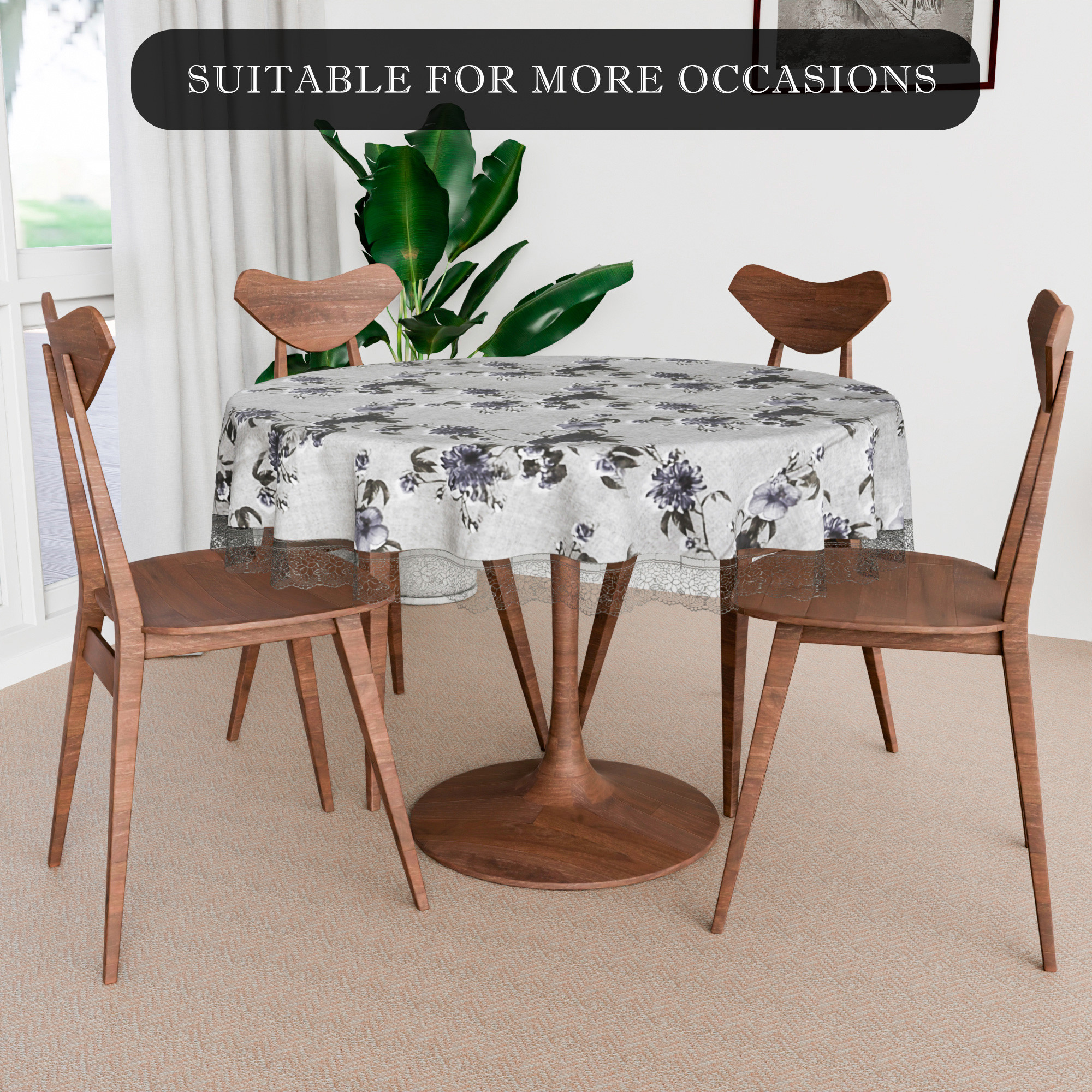 Kuber Industries Round Table Cover  60x60 Inch  4 Seater Kitchen Table Cloth  Decorative Table Cover  Tabletop Cover  Restaurant Table Cover  Tea Table Cover  New Flower  Grey