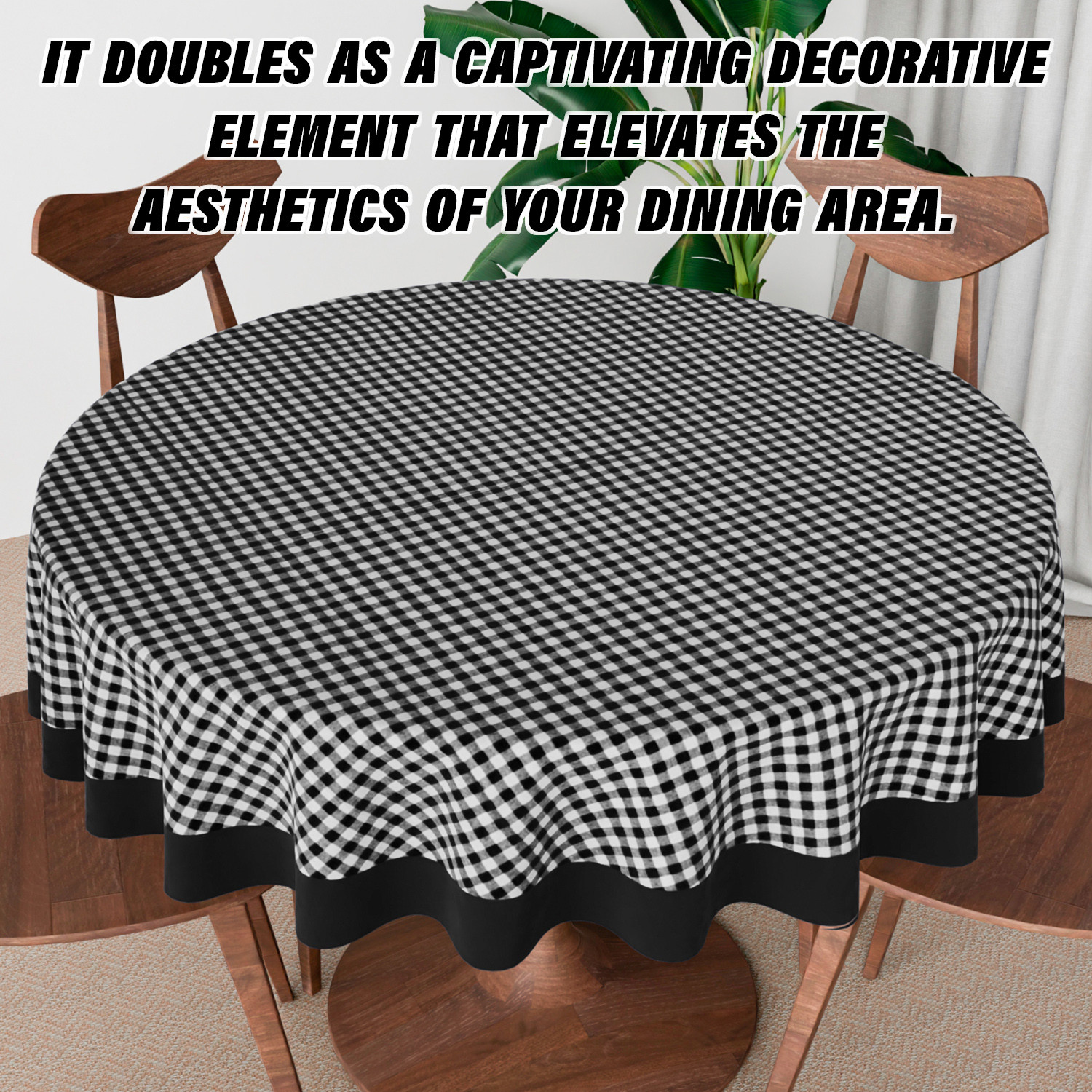 Kuber Industries Round Table Cover  Cotton Table Cloth for Round Tables  4 Seater Round Table Cloth  Barik Check Kitchen Dining Tablecloth  Tabletop Cover  60 Inch  Black