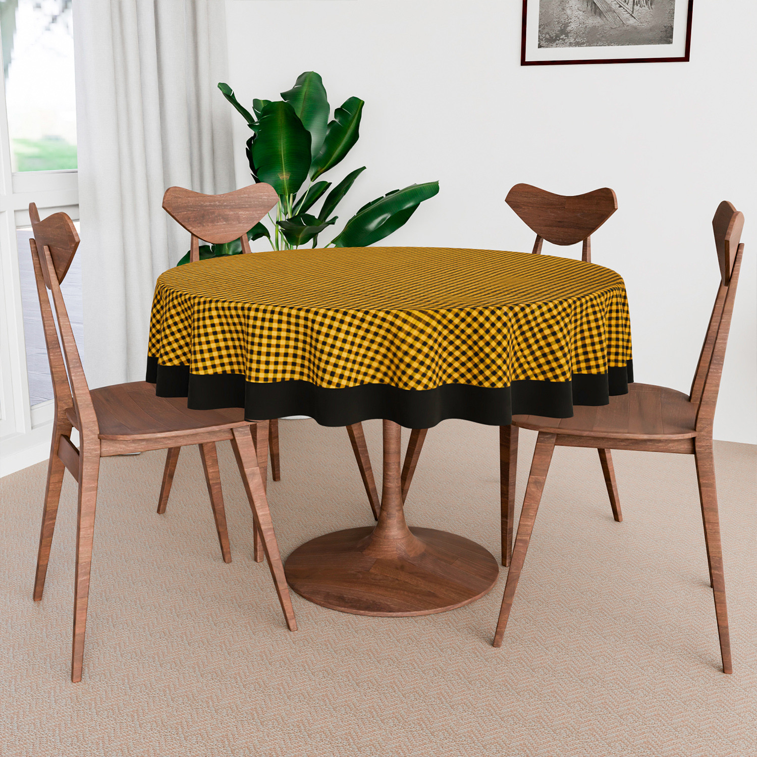 Kuber Industries Round Table Cover  Cotton Table Cloth for Round Tables  4 Seater Round Table Cloth  Barik Check Kitchen Dining Tablecloth  Tabletop Cover  60 Inch  Yellow