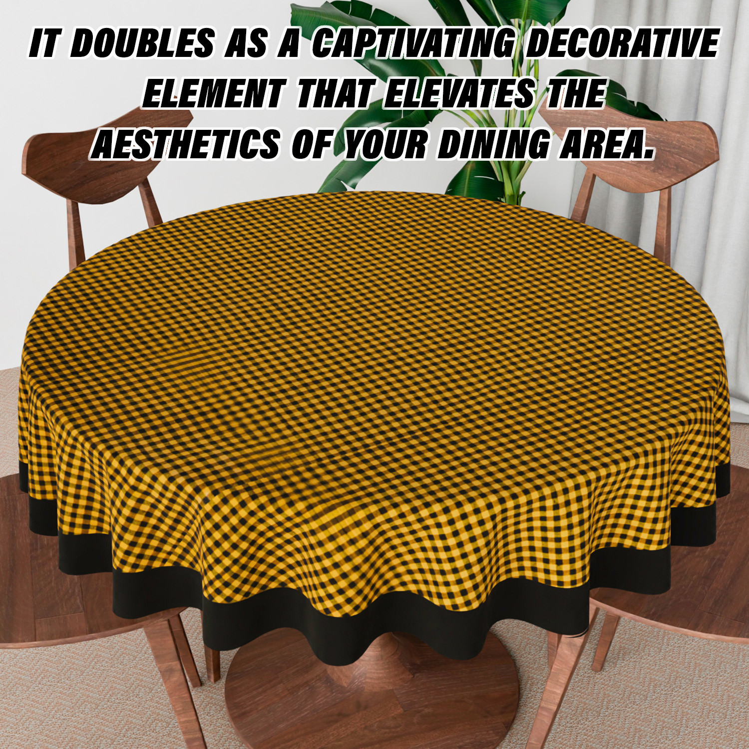 Kuber Industries Round Table Cover  Cotton Table Cloth for Round Tables  4 Seater Round Table Cloth  Barik Check Kitchen Dining Tablecloth  Tabletop Cover  60 Inch  Yellow