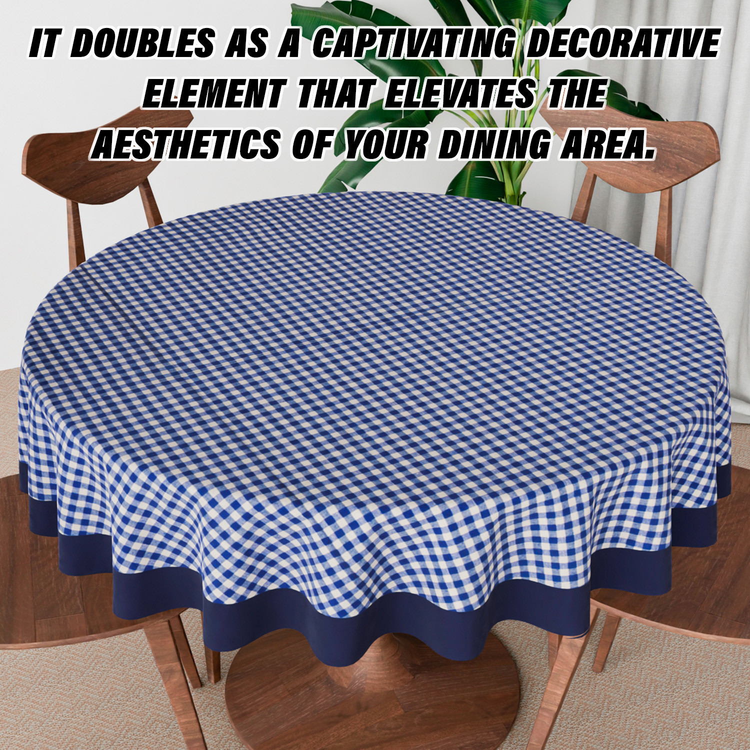 Kuber Industries Round Table Cover  Cotton Table Cloth for Round Tables  4 Seater Round Table Cloth  Barik Check Kitchen Dining Tablecloth  Tabletop Cover  60 Inch  Blue