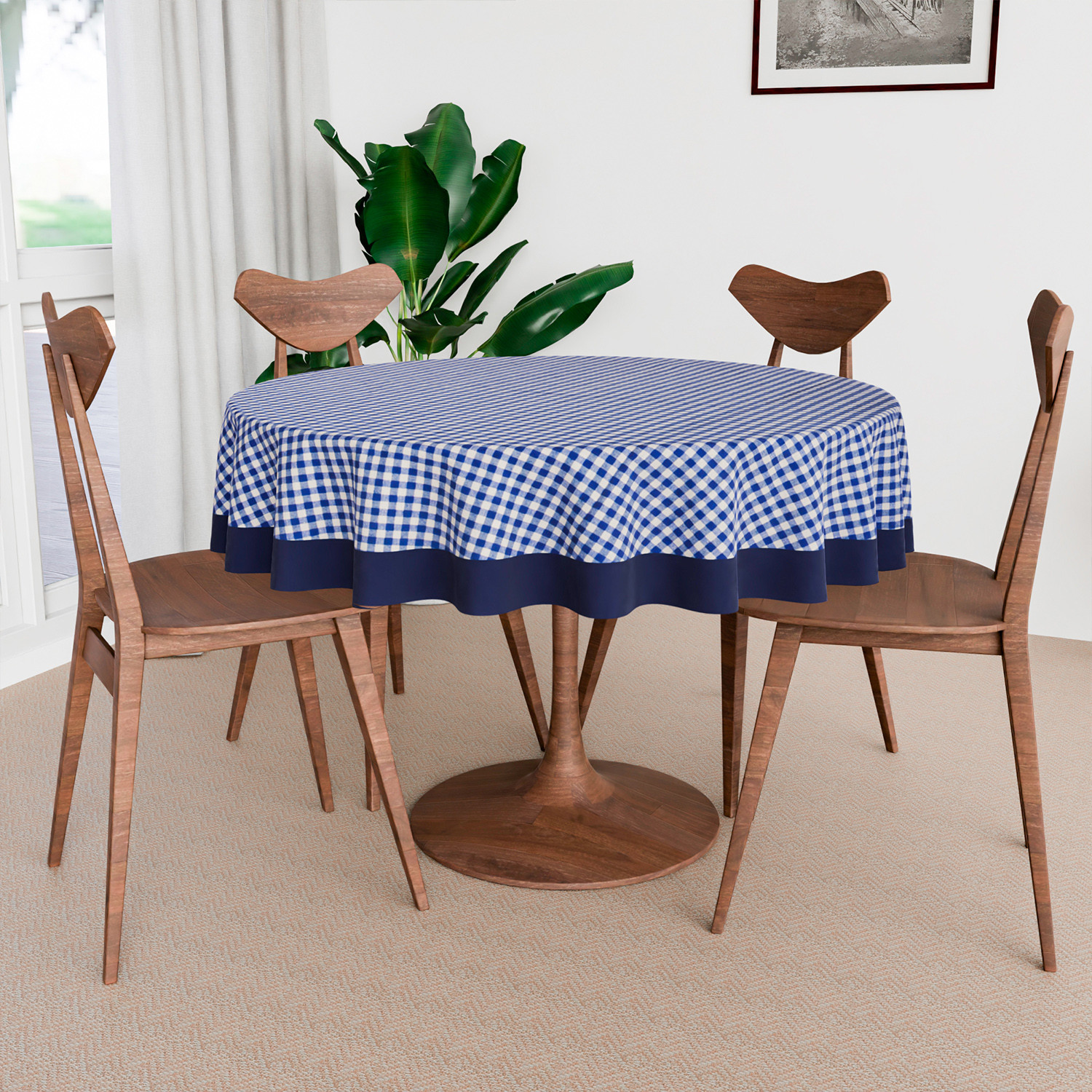 Kuber Industries Round Table Cover | Cotton Table Cloth for Round Tables | 4 Seater Round Table Cloth | Barik Check Kitchen Dining Tablecloth | Tabletop Cover | 60 Inch | Blue