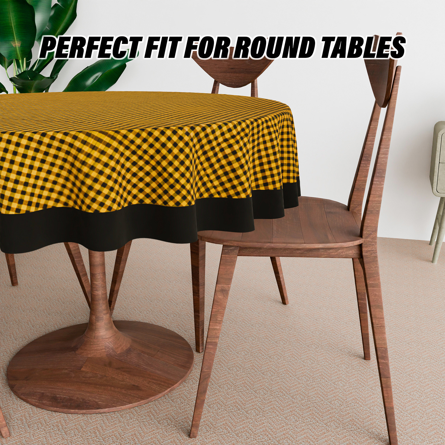 Kuber Industries Round Table Cover | Cotton Table Cloth for Round Tables | 4 Seater Round Table Cloth | Barik Check Kitchen Dining Tablecloth | Tabletop Cover | 60 Inch | Yellow