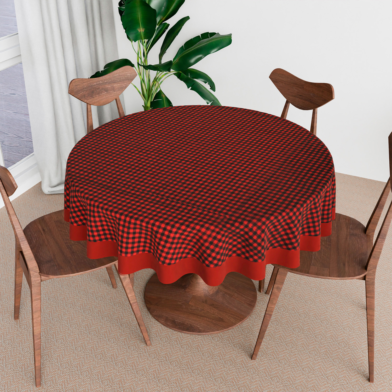 Kuber Industries Round Table Cover | Cotton Table Cloth for Round Tables | 4 Seater Round Table Cloth | Barik Check Kitchen Dining Tablecloth | Tabletop Cover | 60 Inch | Maroon