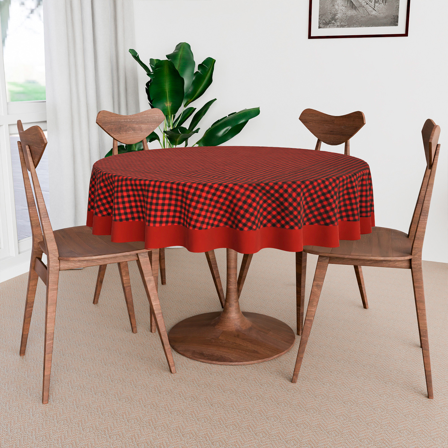 Kuber Industries Round Table Cover | Cotton Table Cloth for Round Tables | 4 Seater Round Table Cloth | Barik Check Kitchen Dining Tablecloth | Tabletop Cover | 60 Inch | Maroon