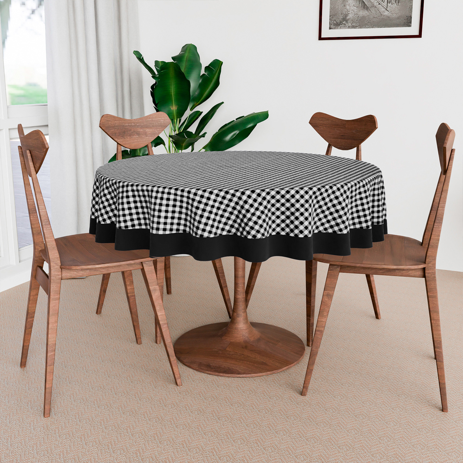 Kuber Industries Round Table Cover | Cotton Table Cloth for Round Tables | 4 Seater Round Table Cloth | Barik Check Kitchen Dining Tablecloth | Tabletop Cover | 60 Inch | Black