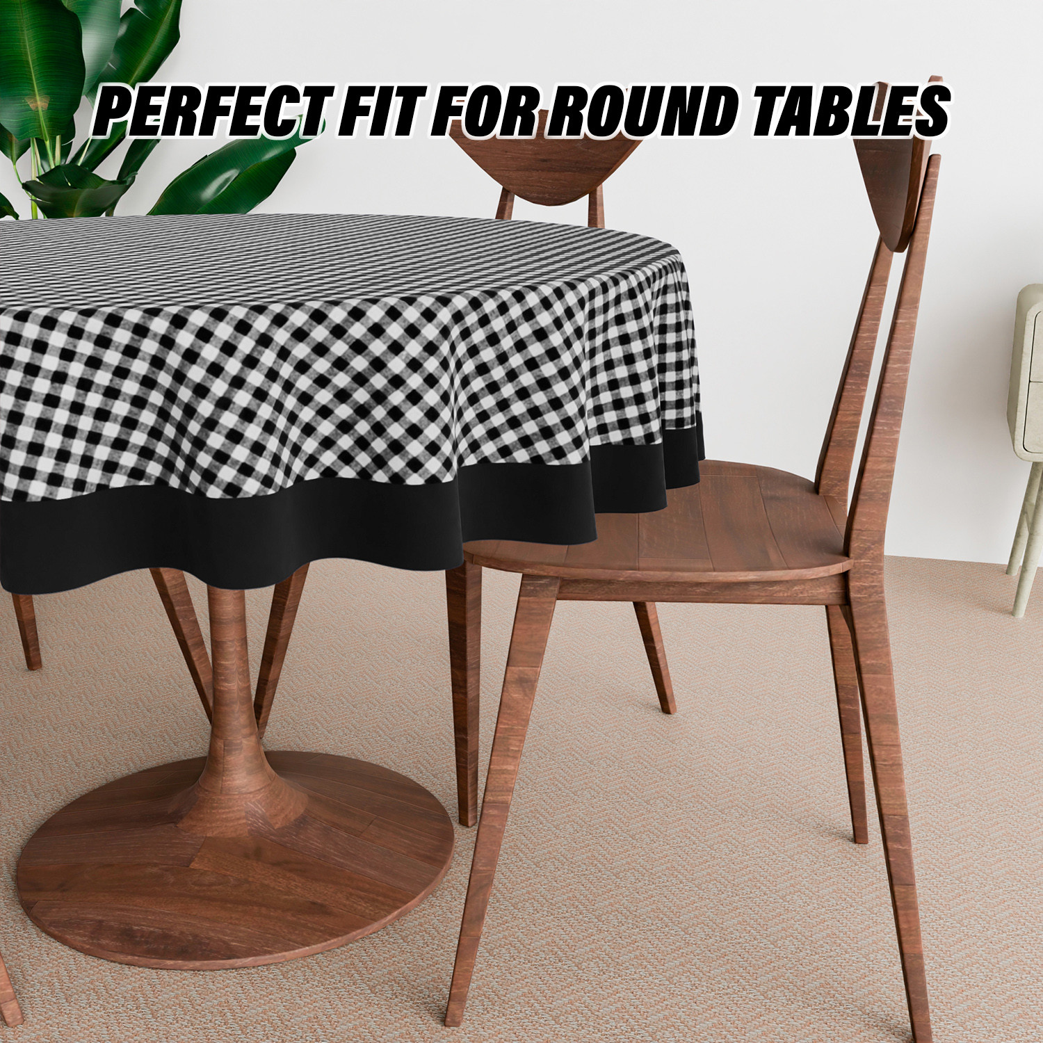 Kuber Industries Round Table Cover | Cotton Table Cloth for Round Tables | 4 Seater Round Table Cloth | Barik Check Kitchen Dining Tablecloth | Tabletop Cover | 60 Inch | Black