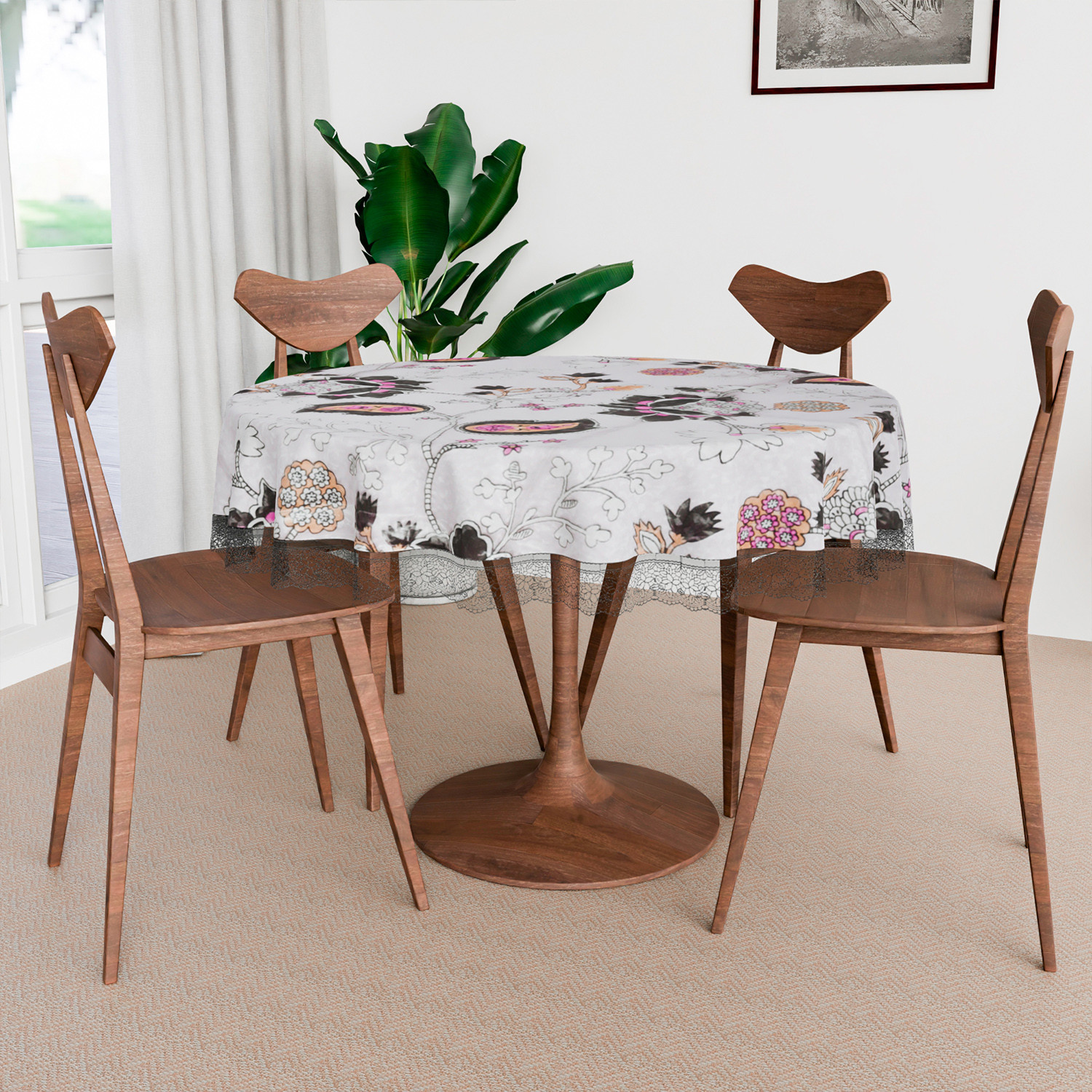 Kuber Industries Round Table Cover  PVC Table Cloth for Round Tables  4 Seater Round Table Cloth  3D Gulab Kitchen Dining Tablecloth  Tabletop Cover  60 Inch  Black