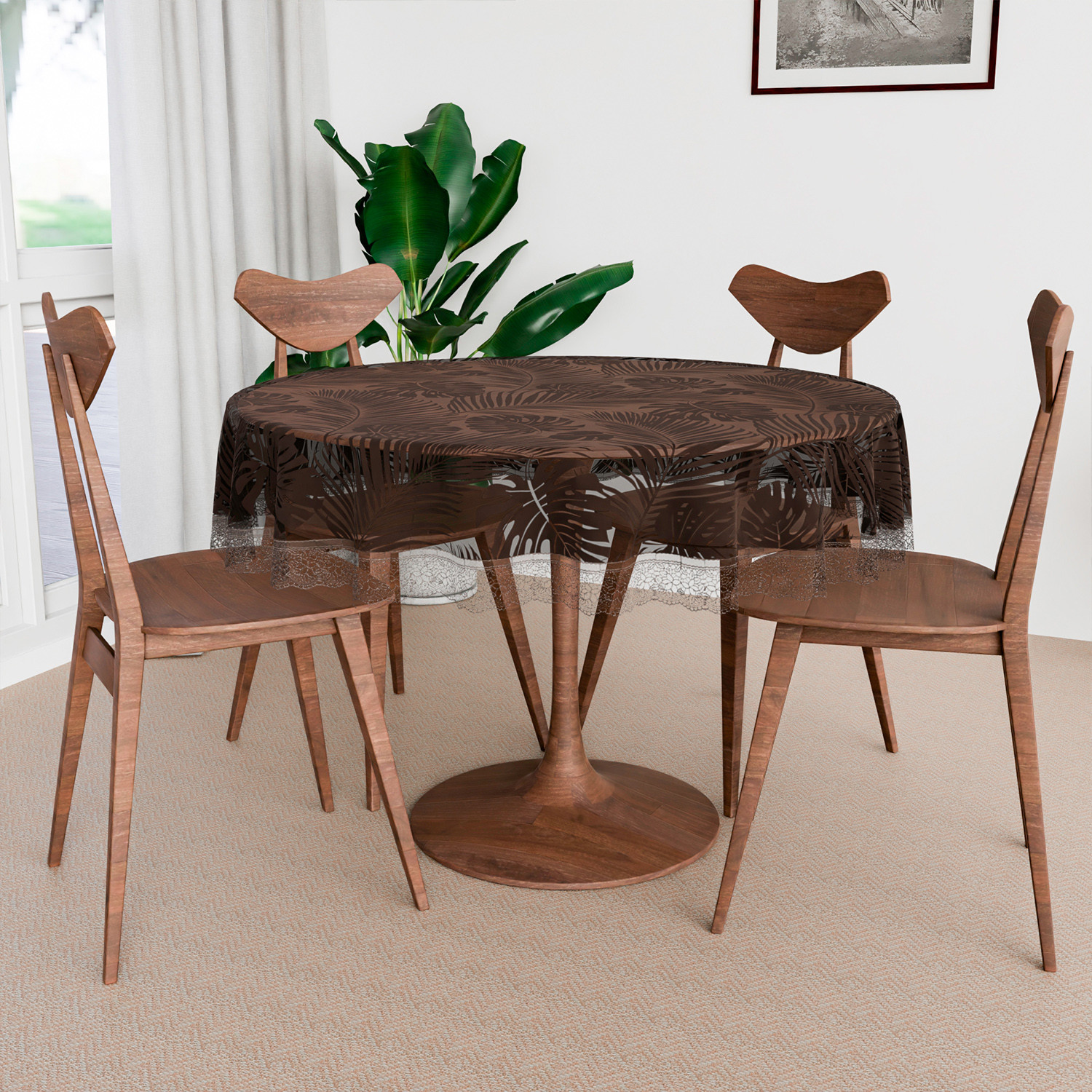 Kuber Industries Round Table Cover  PVC Table Cloth for Round Tables  4 Seater Round Table Cloth  3D Leaf Kitchen Dining Tablecloth  Tabletop Cover  60 Inch  Brown
