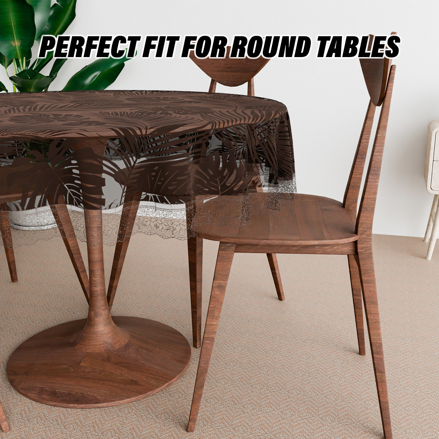 Kuber Industries Round Table Cover  PVC Table Cloth for Round Tables  4 Seater Round Table Cloth  3D Leaf Kitchen Dining Tablecloth  Tabletop Cover  60 Inch  Brown