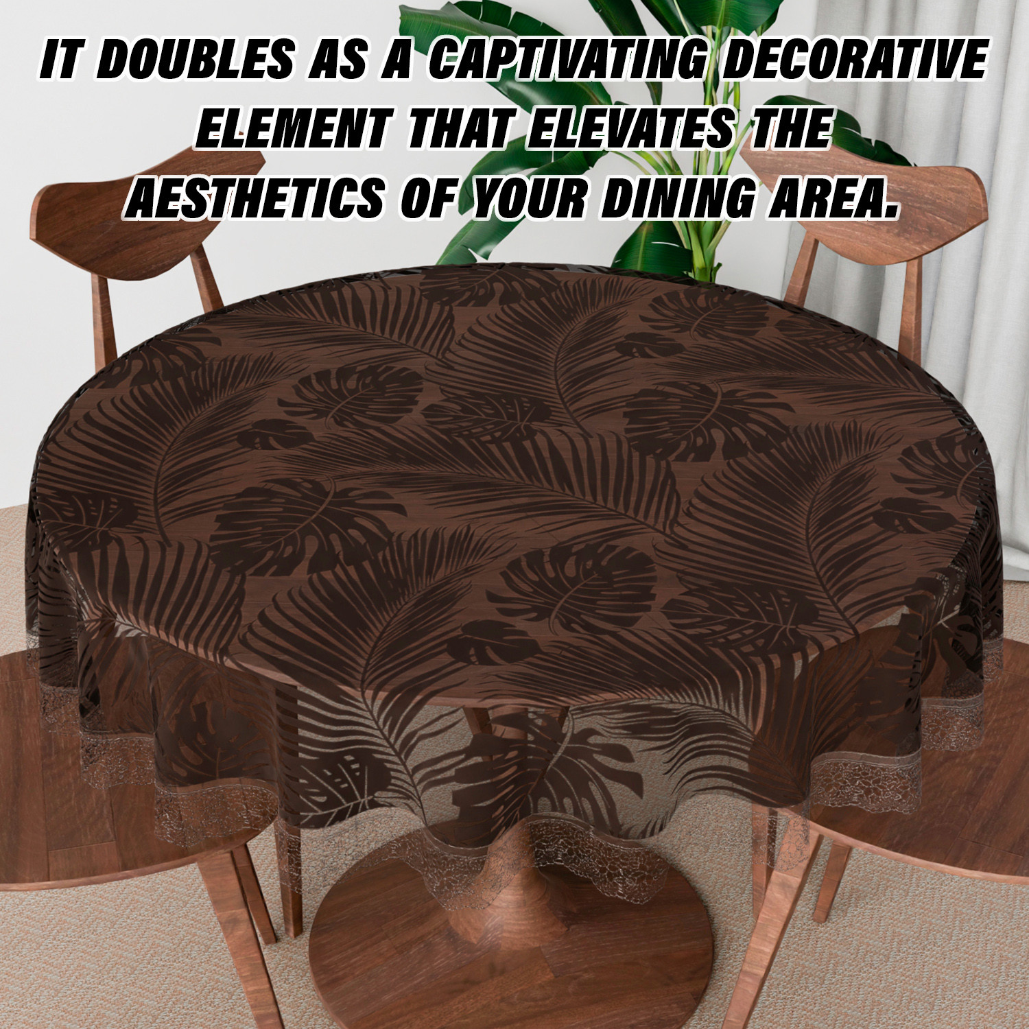 Kuber Industries Round Table Cover  PVC Table Cloth for Round Tables  4 Seater Round Table Cloth  3D Leaf Kitchen Dining Tablecloth  Tabletop Cover  60 Inch  Brown