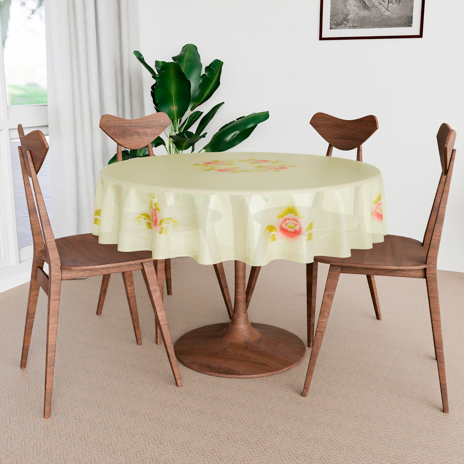 Kuber Industries Round Table Cover  PVC Table Cloth for Round Tables  4 Seater Round Table Cloth  Flower Almond Kitchen Dining Tablecloth  Tabletop Cover  60 Inch  Cream