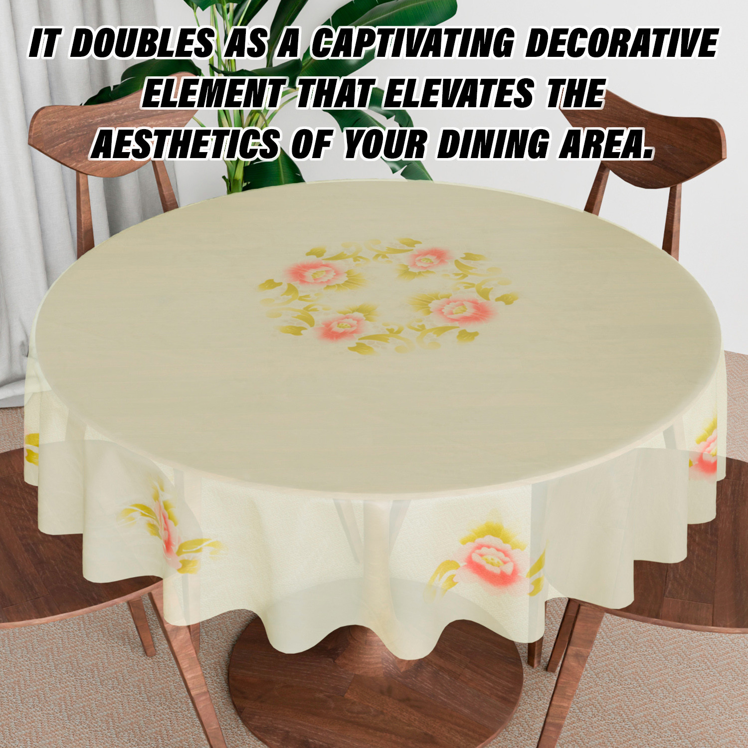 Kuber Industries Round Table Cover  PVC Table Cloth for Round Tables  4 Seater Round Table Cloth  Flower Almond Kitchen Dining Tablecloth  Tabletop Cover  60 Inch  Cream