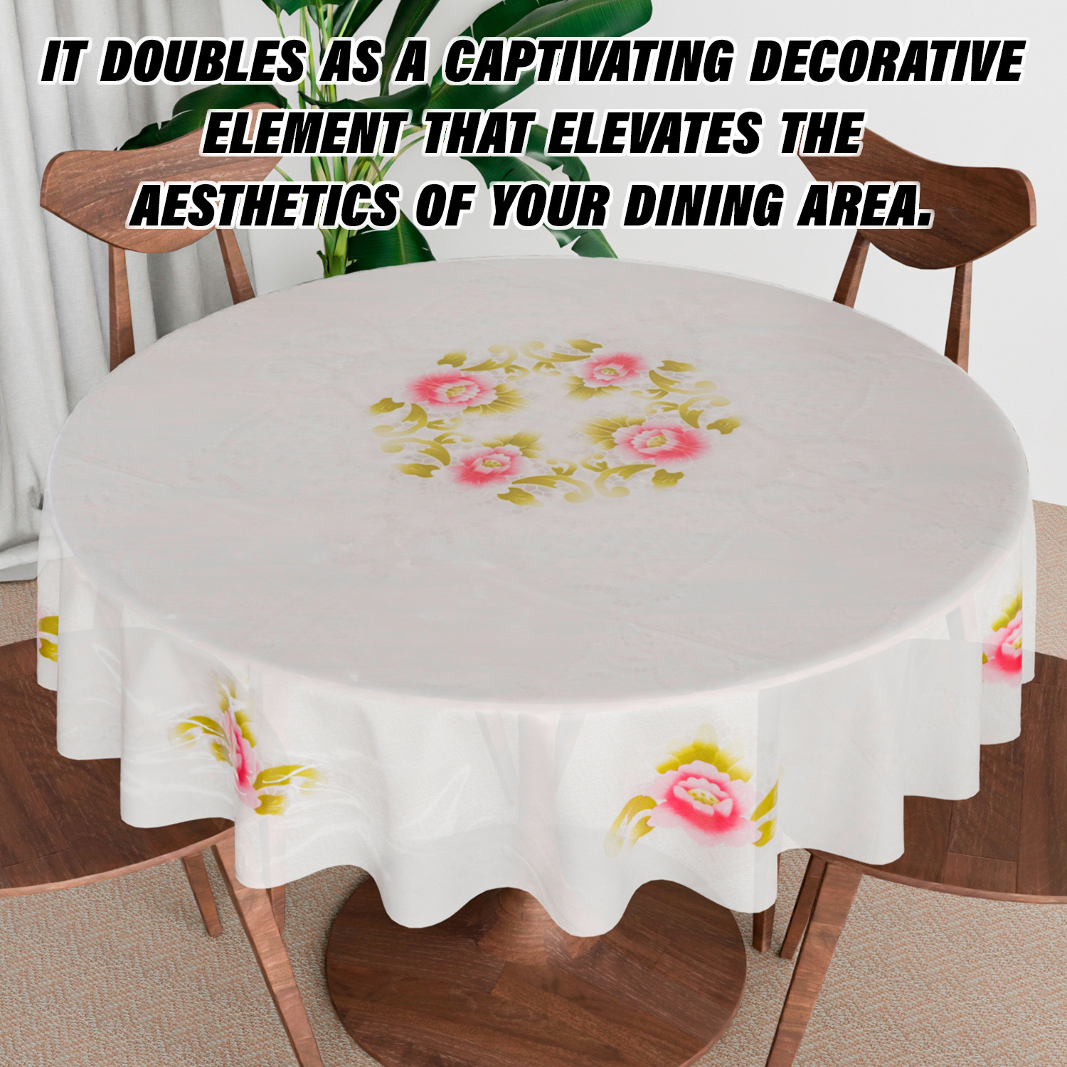 Kuber Industries Round Table Cover  PVC Table Cloth for Round Tables  4 Seater Round Table Cloth  Flower Almond Kitchen Dining Tablecloth  Tabletop Cover  60 Inch  Pink