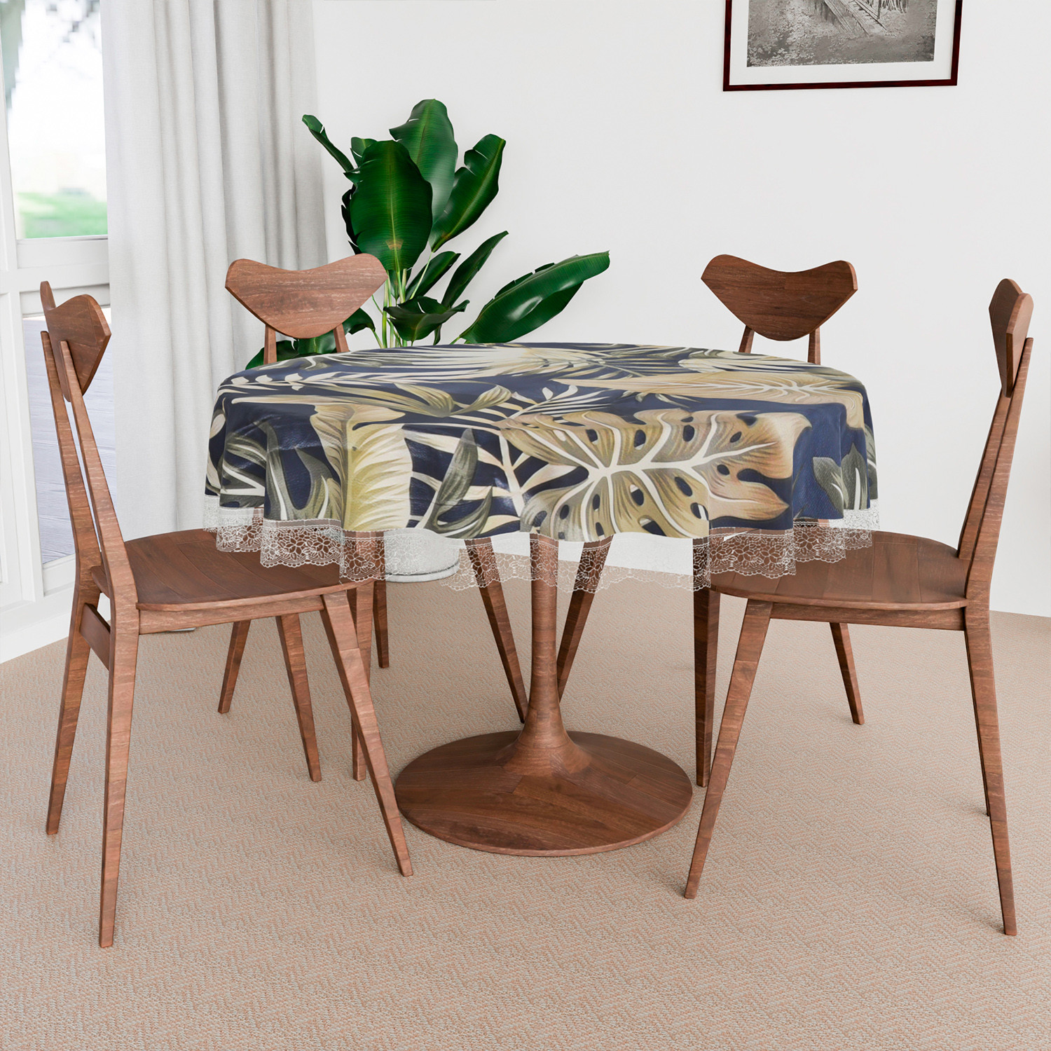 Kuber Industries Round Table Cover  PVC Table Cloth for Round Tables  4 Seater Round Table Cloth  Green Leaf Kitchen Dining Tablecloth  Tabletop Cover  60 Inch  Blue