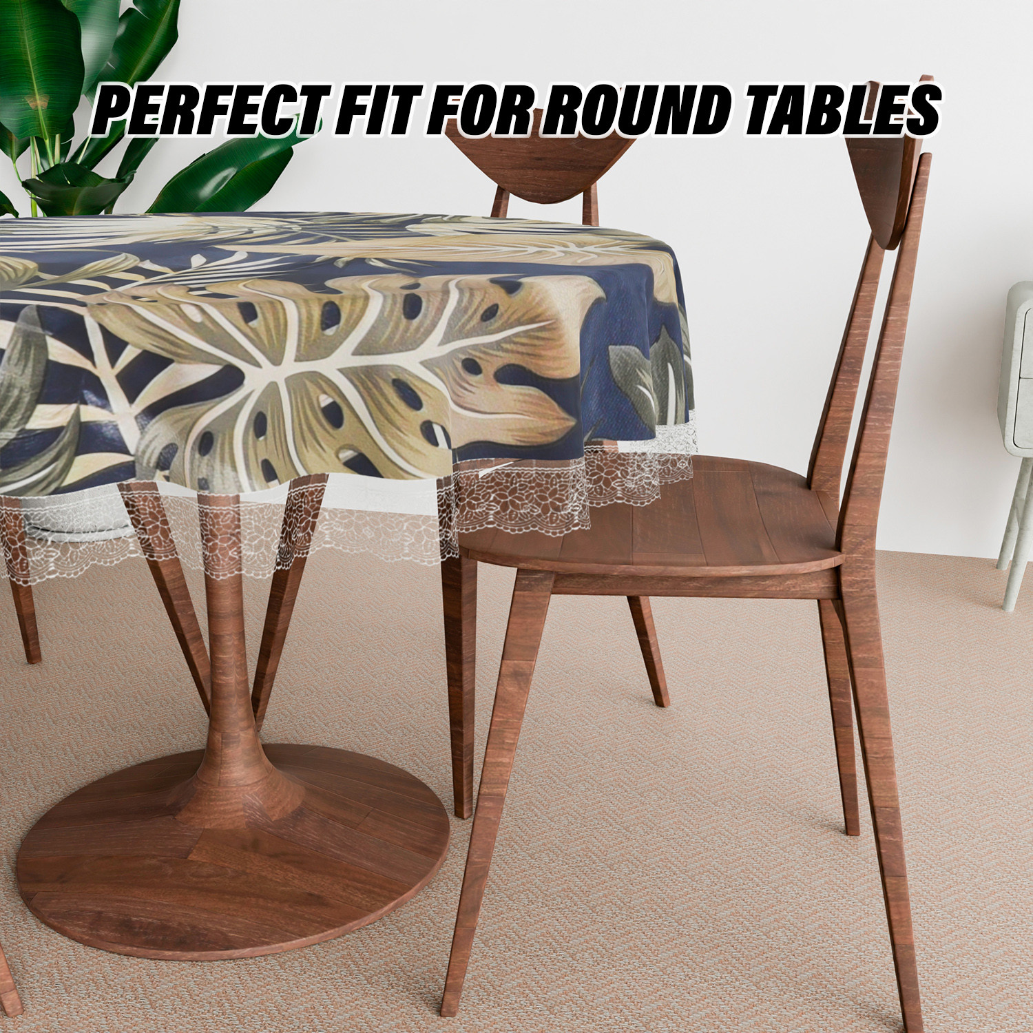 Kuber Industries Round Table Cover  PVC Table Cloth for Round Tables  4 Seater Round Table Cloth  Green Leaf Kitchen Dining Tablecloth  Tabletop Cover  60 Inch  Blue