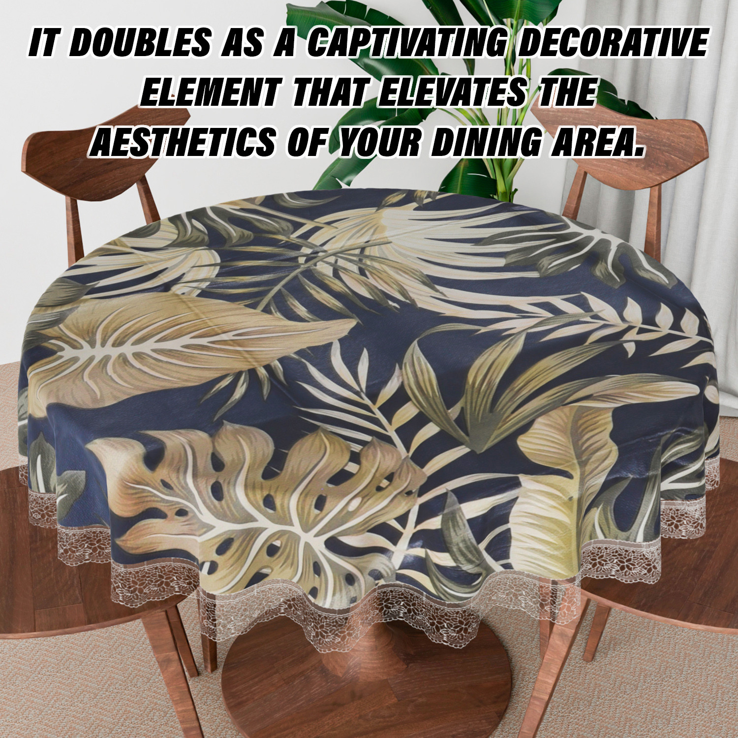 Kuber Industries Round Table Cover  PVC Table Cloth for Round Tables  4 Seater Round Table Cloth  Green Leaf Kitchen Dining Tablecloth  Tabletop Cover  60 Inch  Blue