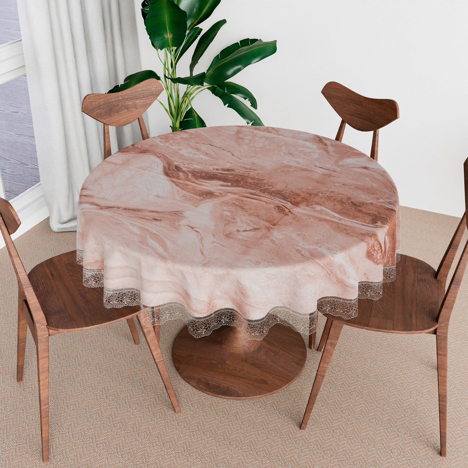 Kuber Industries Round Table Cover | PVC Table Cloth for Round Tables | 4 Seater Round Table Cloth | Marble Kitchen Dining Tablecloth | Tabletop Cover | 60 Inch | Brown