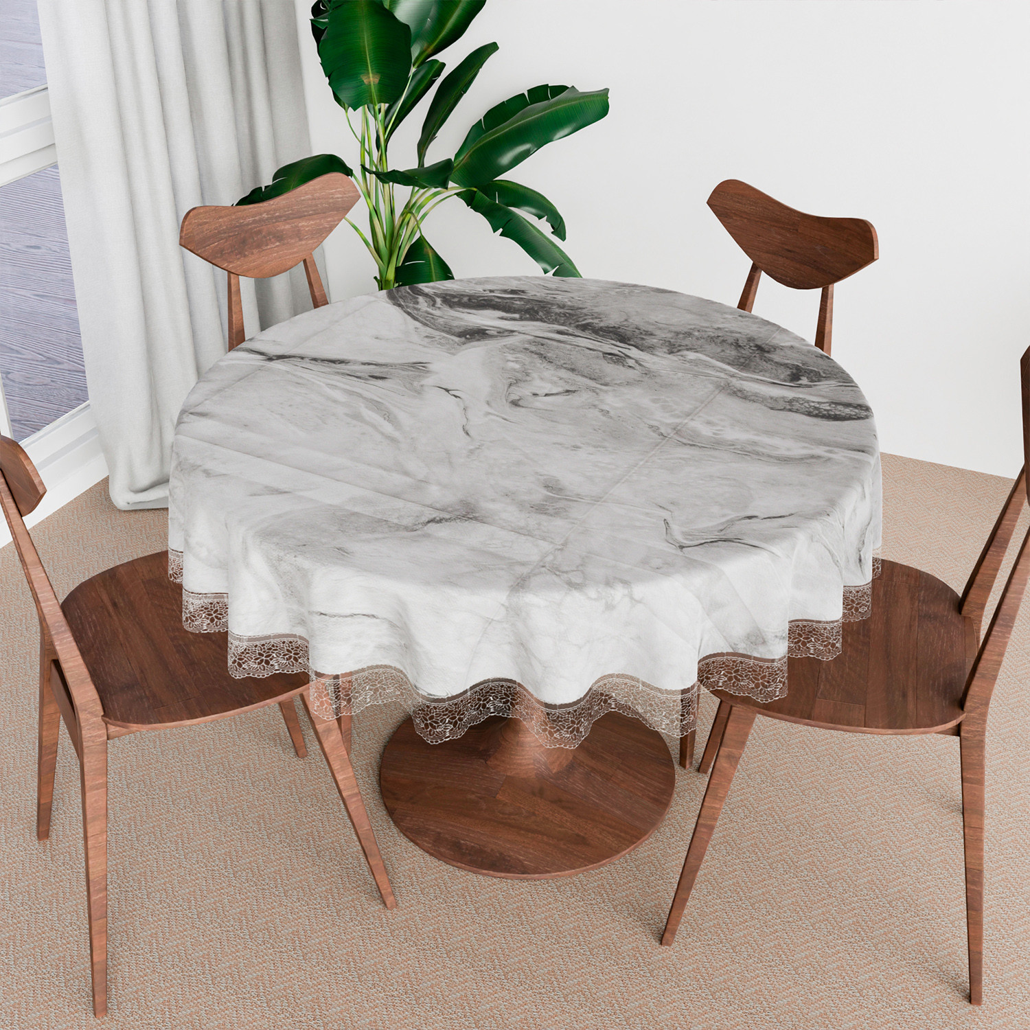 Kuber Industries Round Table Cover | PVC Table Cloth for Round Tables | 4 Seater Round Table Cloth | Marble Kitchen Dining Tablecloth | Tabletop Cover | 60 Inch | Gray