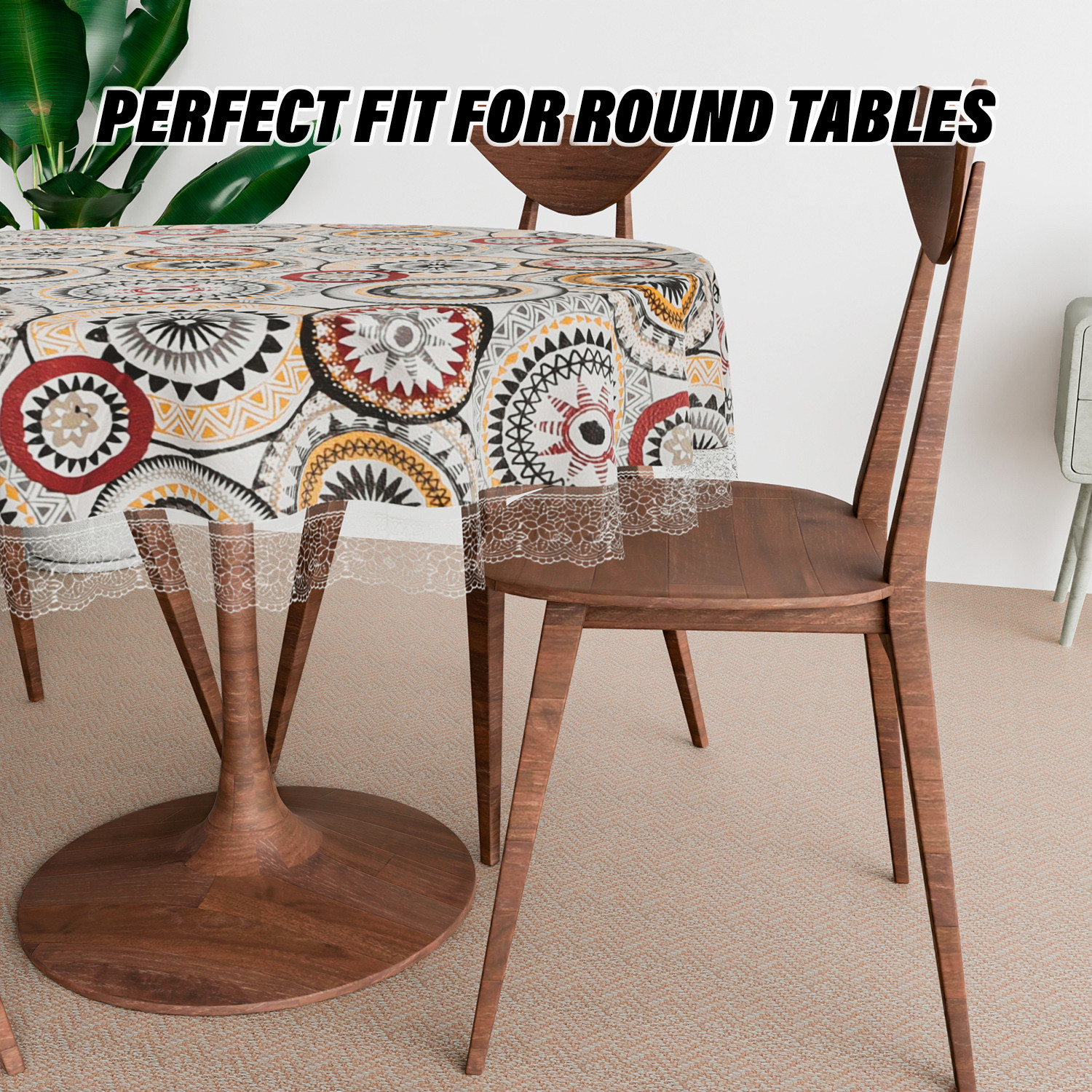 Kuber Industries Round Table Cover  PVC Table Cloth for Round Tables  4 Seater Round Table Cloth  Rangoli Kitchen Dining Tablecloth  Tabletop Cover  60 Inch  White