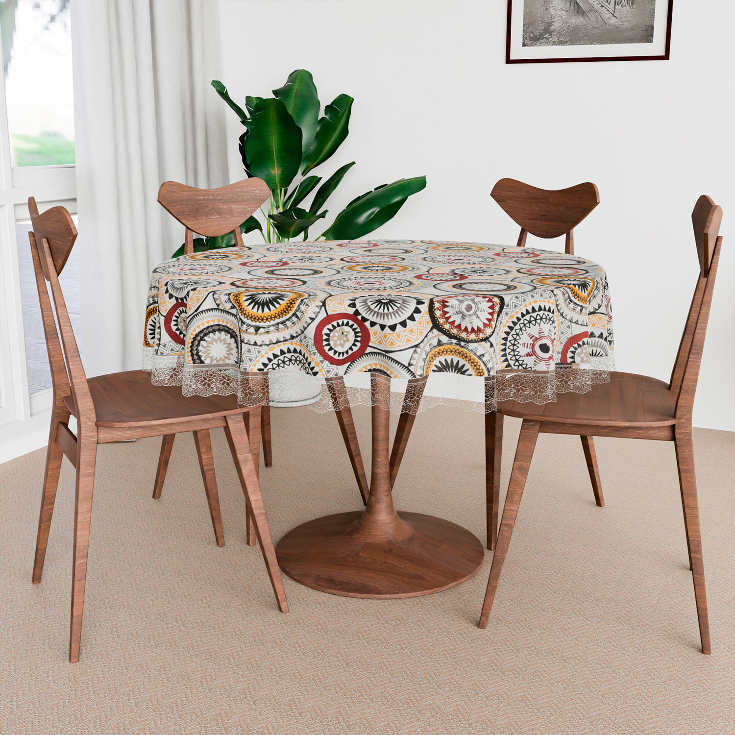 Kuber Industries Round Table Cover | PVC Table Cloth for Round Tables | 4 Seater Round Table Cloth | Rangoli Kitchen Dining Tablecloth | Tabletop Cover | 60 Inch | White