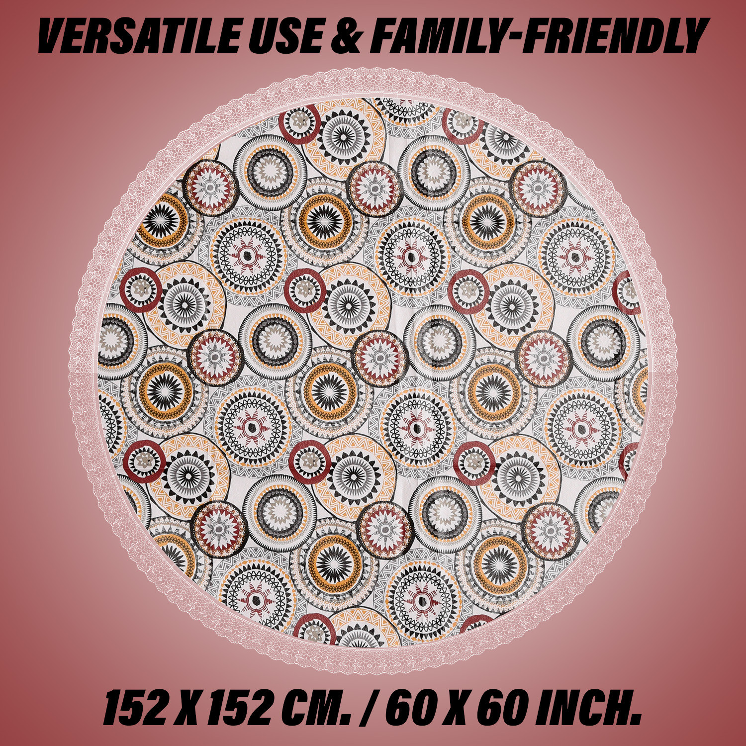 Kuber Industries Round Table Cover | PVC Table Cloth for Round Tables | 4 Seater Round Table Cloth | Rangoli Kitchen Dining Tablecloth | Tabletop Cover | 60 Inch | White