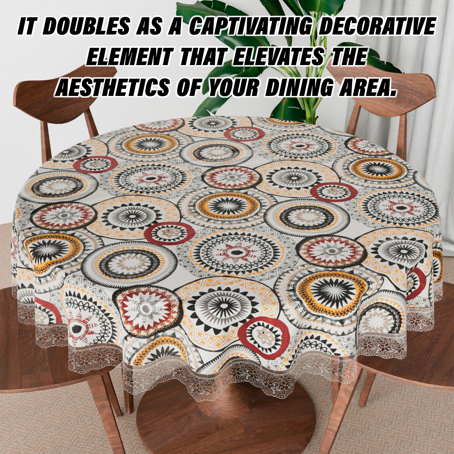 Kuber Industries Round Table Cover | PVC Table Cloth for Round Tables | 4 Seater Round Table Cloth | Rangoli Kitchen Dining Tablecloth | Tabletop Cover | 60 Inch | White
