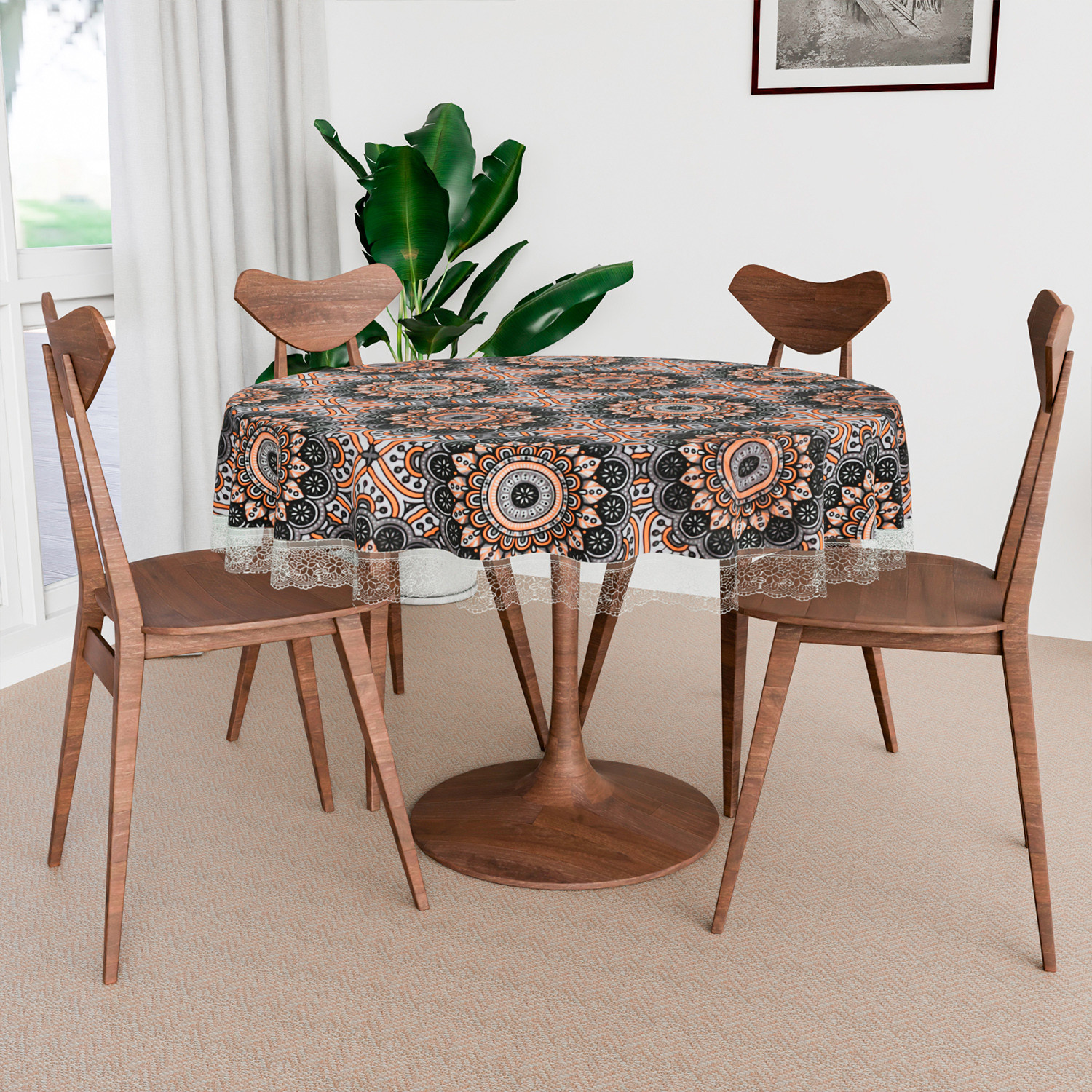 Kuber Industries Round Table Cover | PVC Table Cloth for Round Tables | 4 Seater Round Table Cloth | Rangoli Kitchen Dining Tablecloth | Tabletop Cover | 60 Inch | Black