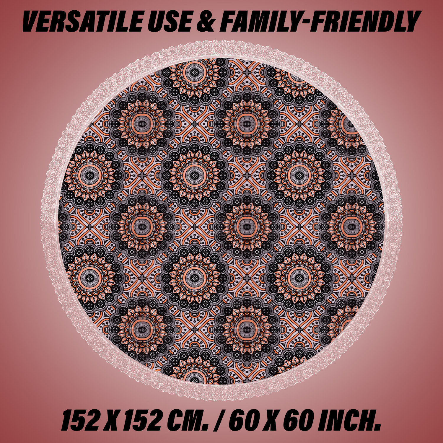 Kuber Industries Round Table Cover | PVC Table Cloth for Round Tables | 4 Seater Round Table Cloth | Rangoli Kitchen Dining Tablecloth | Tabletop Cover | 60 Inch | Black