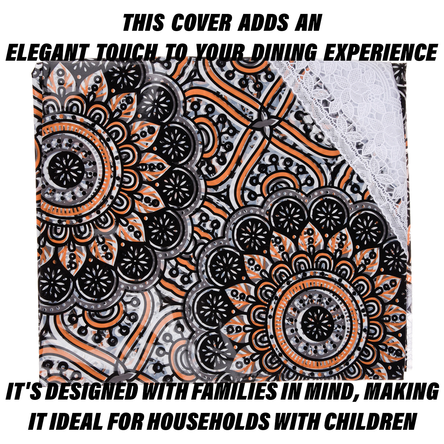 Kuber Industries Round Table Cover | PVC Table Cloth for Round Tables | 4 Seater Round Table Cloth | Rangoli Kitchen Dining Tablecloth | Tabletop Cover | 60 Inch | Black