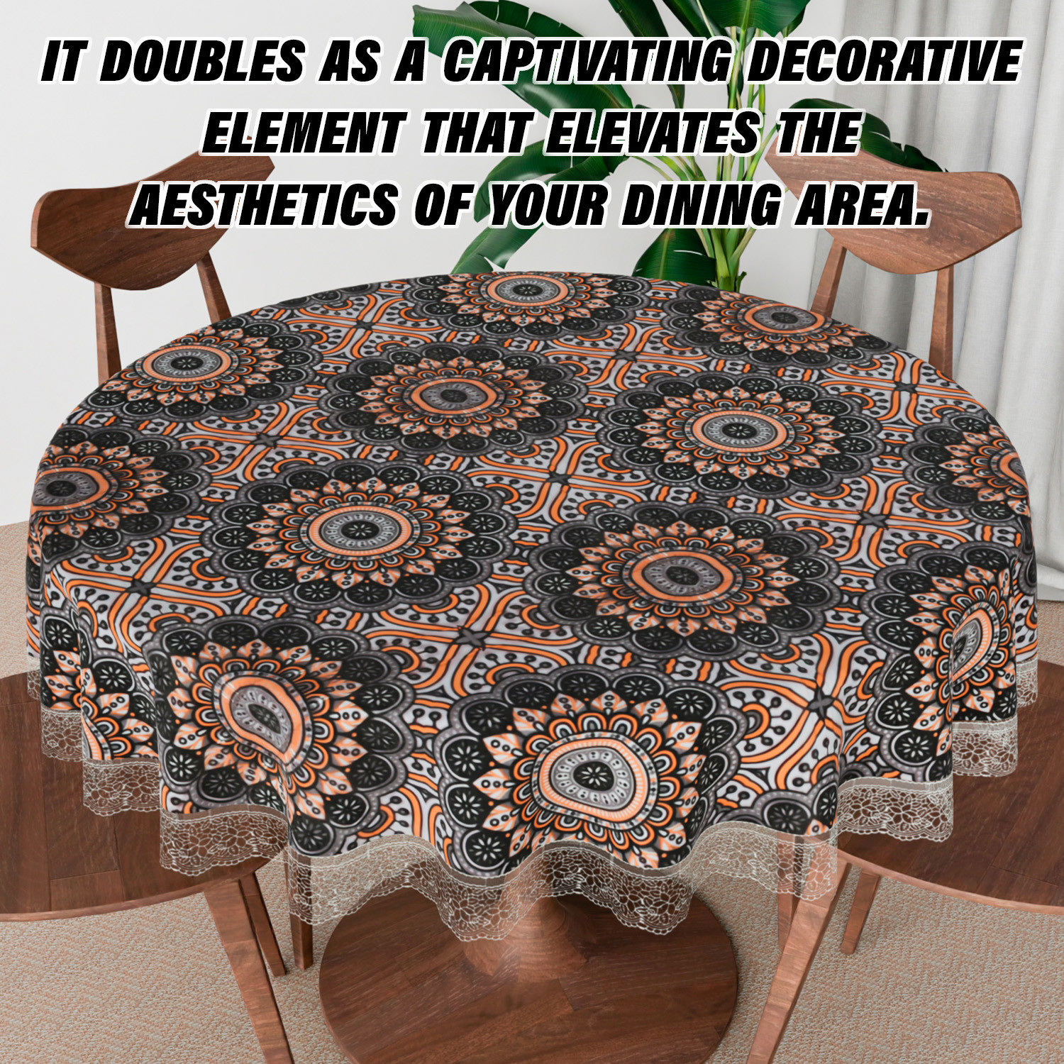 Kuber Industries Round Table Cover | PVC Table Cloth for Round Tables | 4 Seater Round Table Cloth | Rangoli Kitchen Dining Tablecloth | Tabletop Cover | 60 Inch | Black
