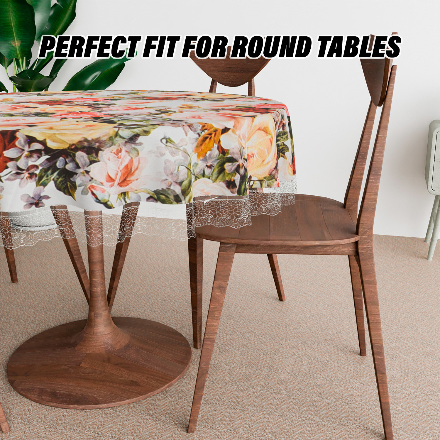 Kuber Industries Round Table Cover  PVC Table Cloth for Round Tables  4 Seater Round Table Cloth  Rose Kitchen Dining Tablecloth  Tabletop Cover  60 Inch  White