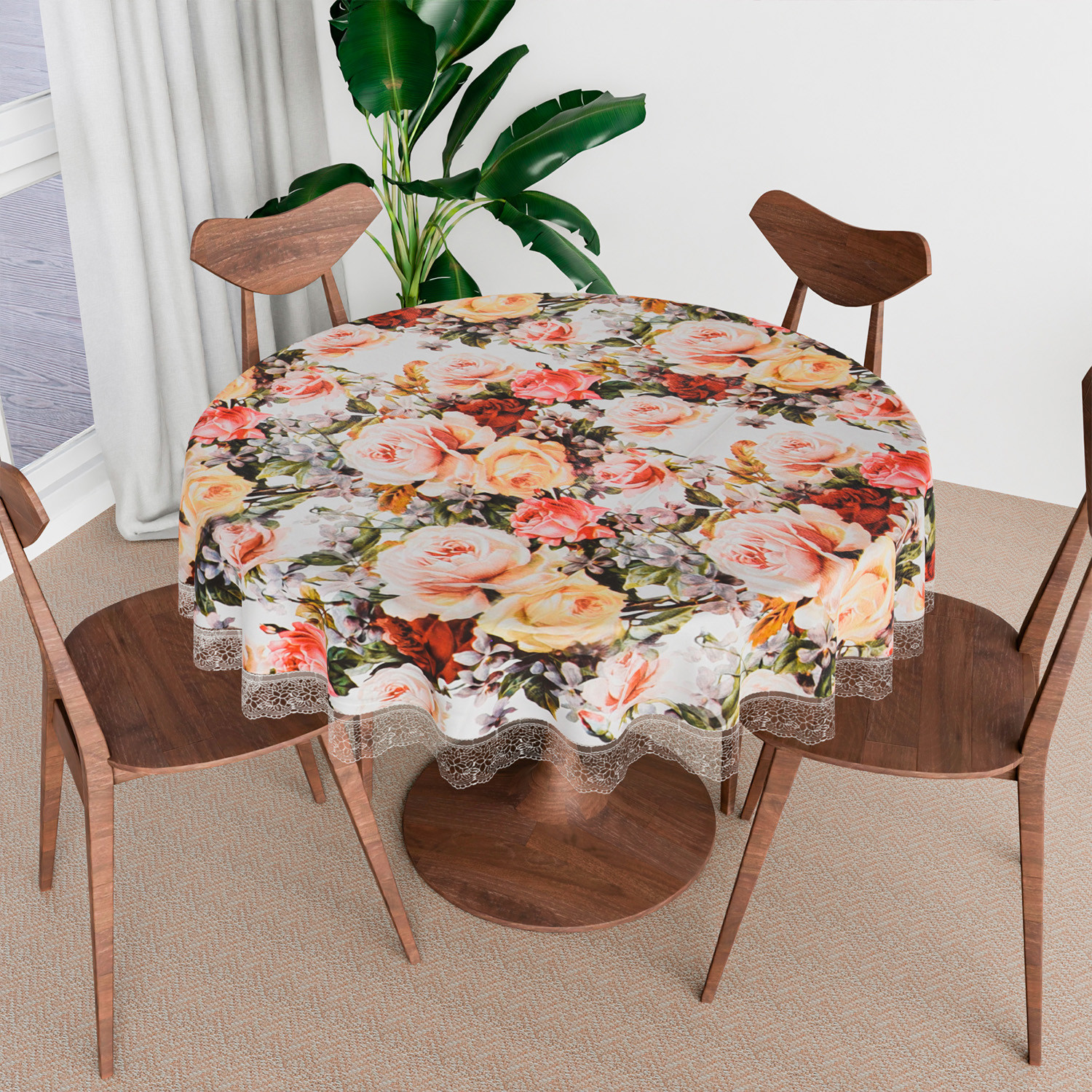 Kuber Industries Round Table Cover | PVC Table Cloth for Round Tables | 4 Seater Round Table Cloth | Rose Kitchen Dining Tablecloth | Tabletop Cover | 60 Inch | White