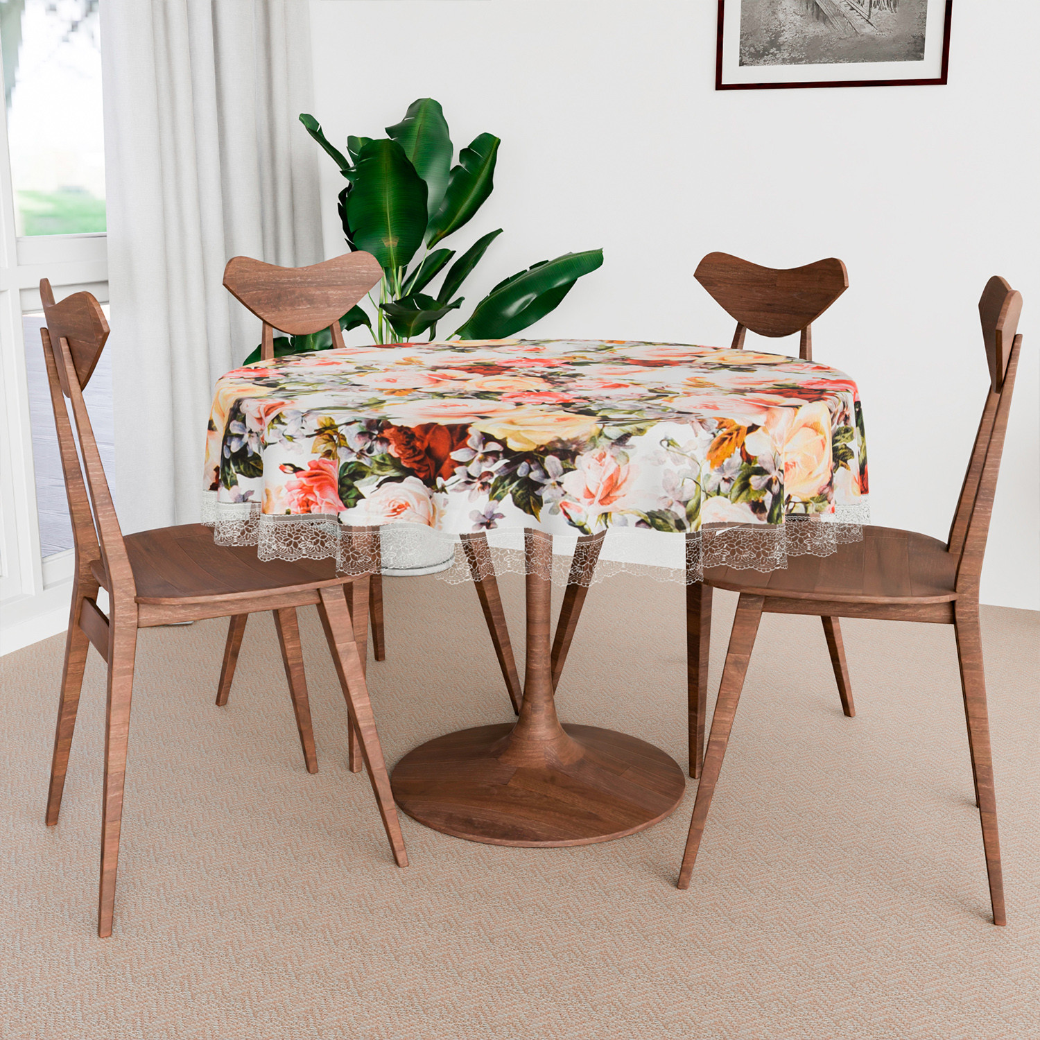 Kuber Industries Round Table Cover | PVC Table Cloth for Round Tables | 4 Seater Round Table Cloth | Rose Kitchen Dining Tablecloth | Tabletop Cover | 60 Inch | White
