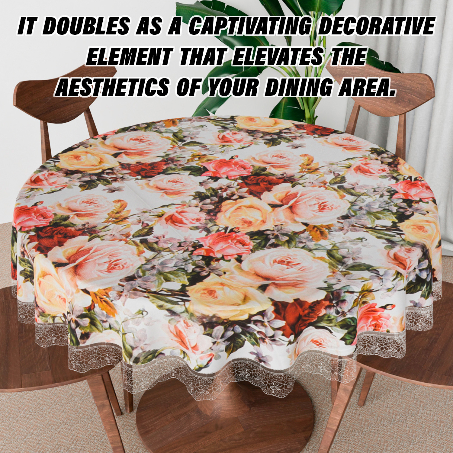 Kuber Industries Round Table Cover | PVC Table Cloth for Round Tables | 4 Seater Round Table Cloth | Rose Kitchen Dining Tablecloth | Tabletop Cover | 60 Inch | White