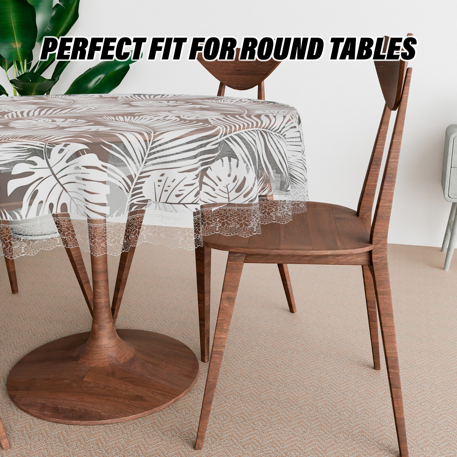 Kuber Industries Round Table Cover  PVC Table Cloth for Round Tables  4 Seater Round Table Cloth  Self Leaf Kitchen Dining Tablecloth  Tabletop Cover  60 Inch  White