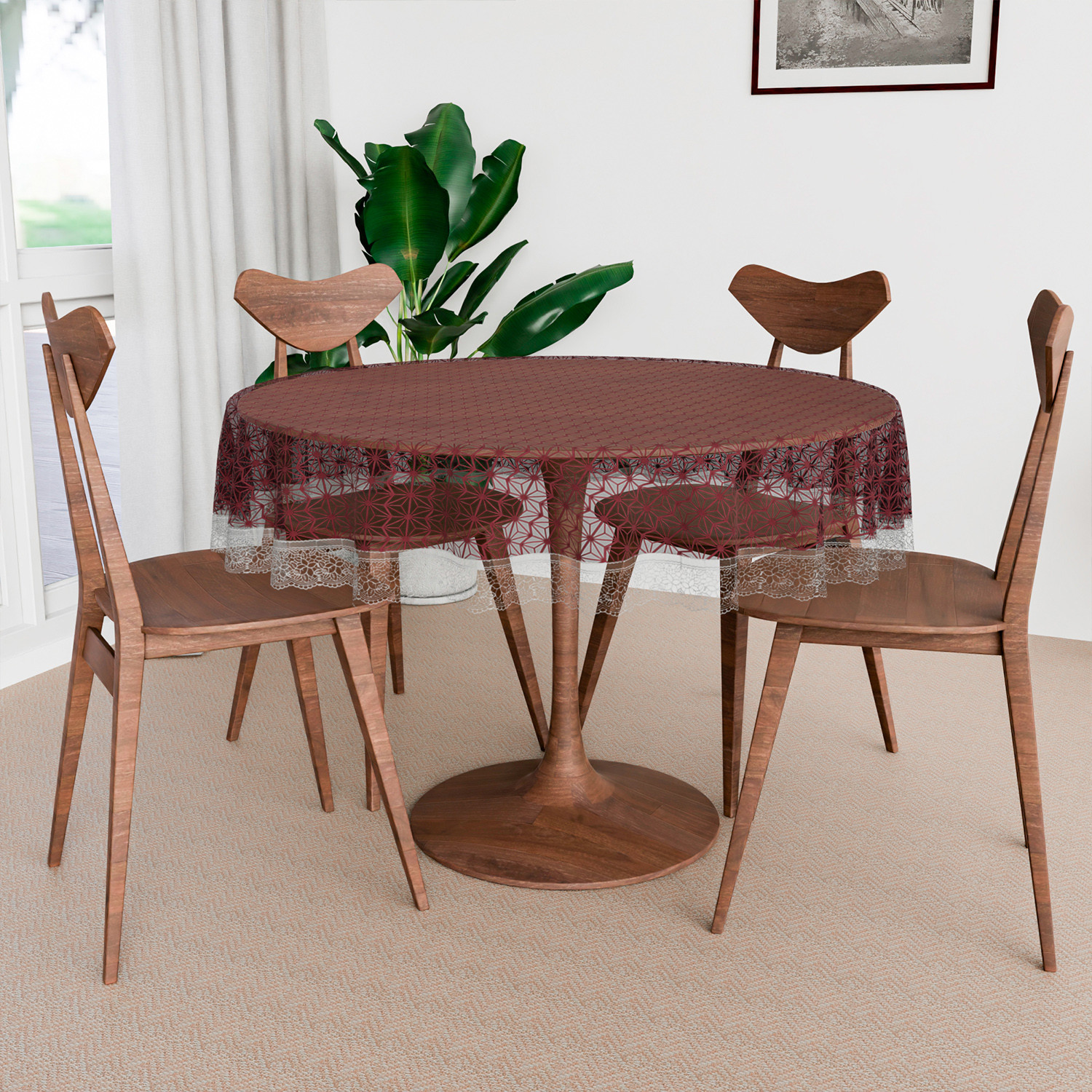 Kuber Industries Round Table Cover  PVC Table Cloth for Round Tables  4 Seater Round Table Cloth  Self Star Kitchen Dining Tablecloth  Tabletop Cover  60 Inch  Brown