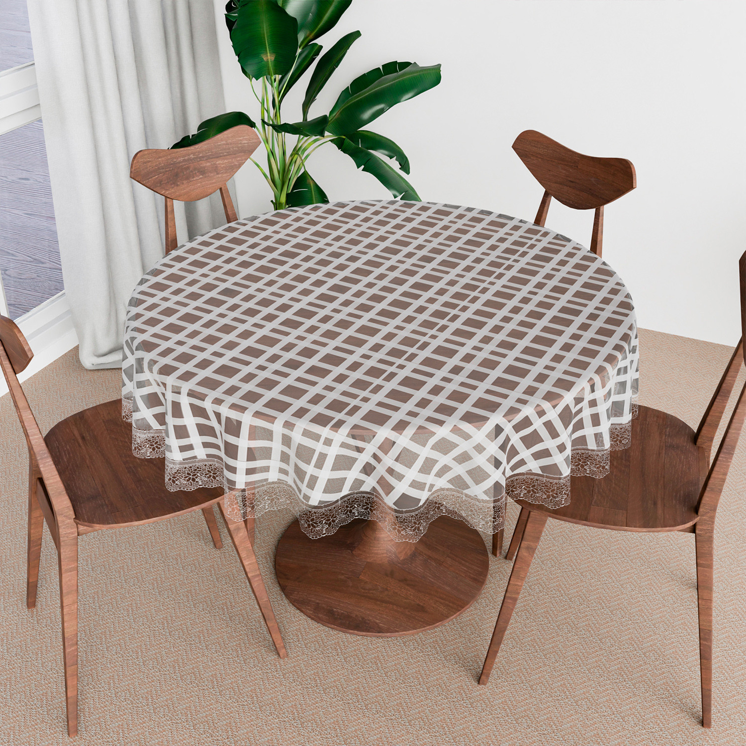 Kuber Industries Round Table Cover | PVC Table Cloth for Round Tables | 4 Seater Round Table Cloth | Self Check Kitchen Dining Tablecloth | Tabletop Cover | 60 Inch | White