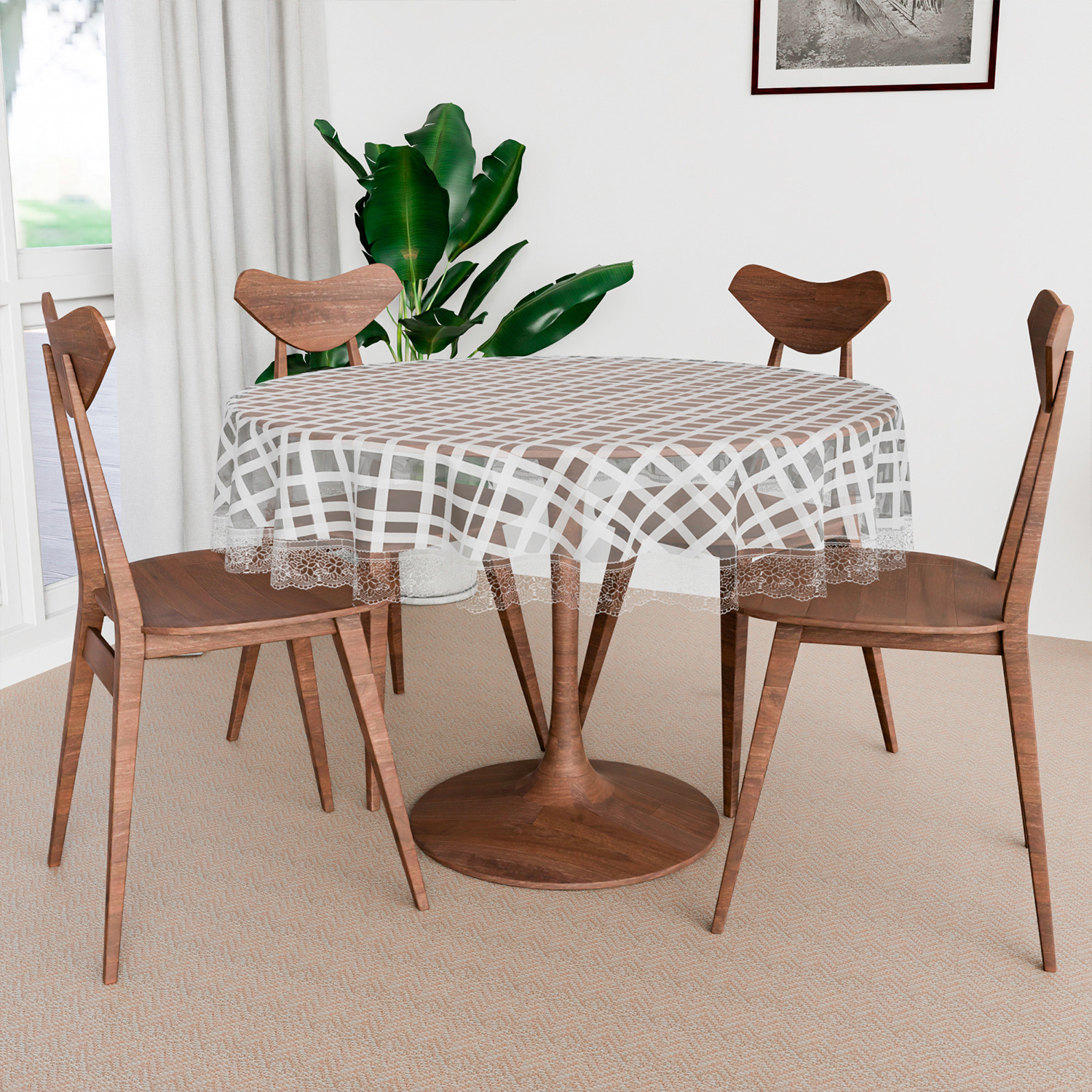 Kuber Industries Round Table Cover | PVC Table Cloth for Round Tables | 4 Seater Round Table Cloth | Self Check Kitchen Dining Tablecloth | Tabletop Cover | 60 Inch | White