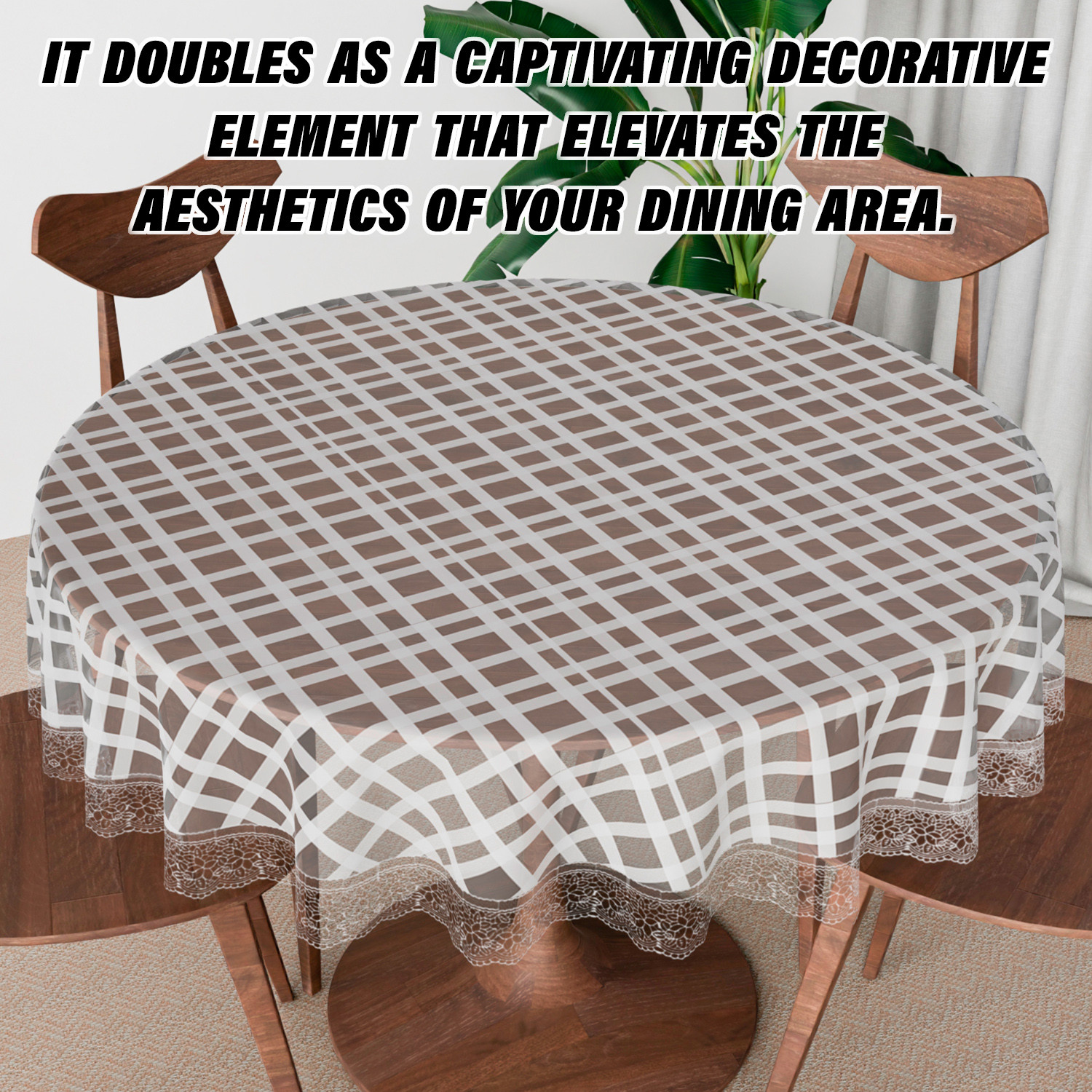 Kuber Industries Round Table Cover | PVC Table Cloth for Round Tables | 4 Seater Round Table Cloth | Self Check Kitchen Dining Tablecloth | Tabletop Cover | 60 Inch | White