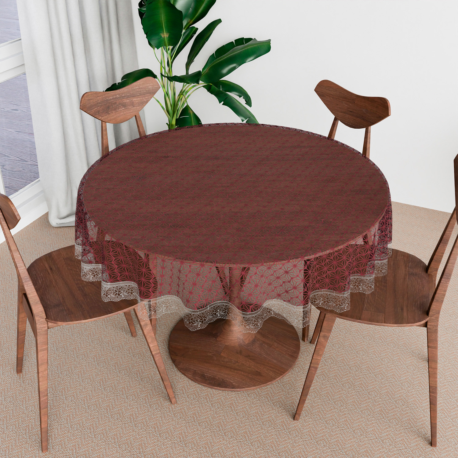 Kuber Industries Round Table Cover | PVC Table Cloth for Round Tables | 4 Seater Round Table Cloth | Self Star Kitchen Dining Tablecloth | Tabletop Cover | 60 Inch | Brown