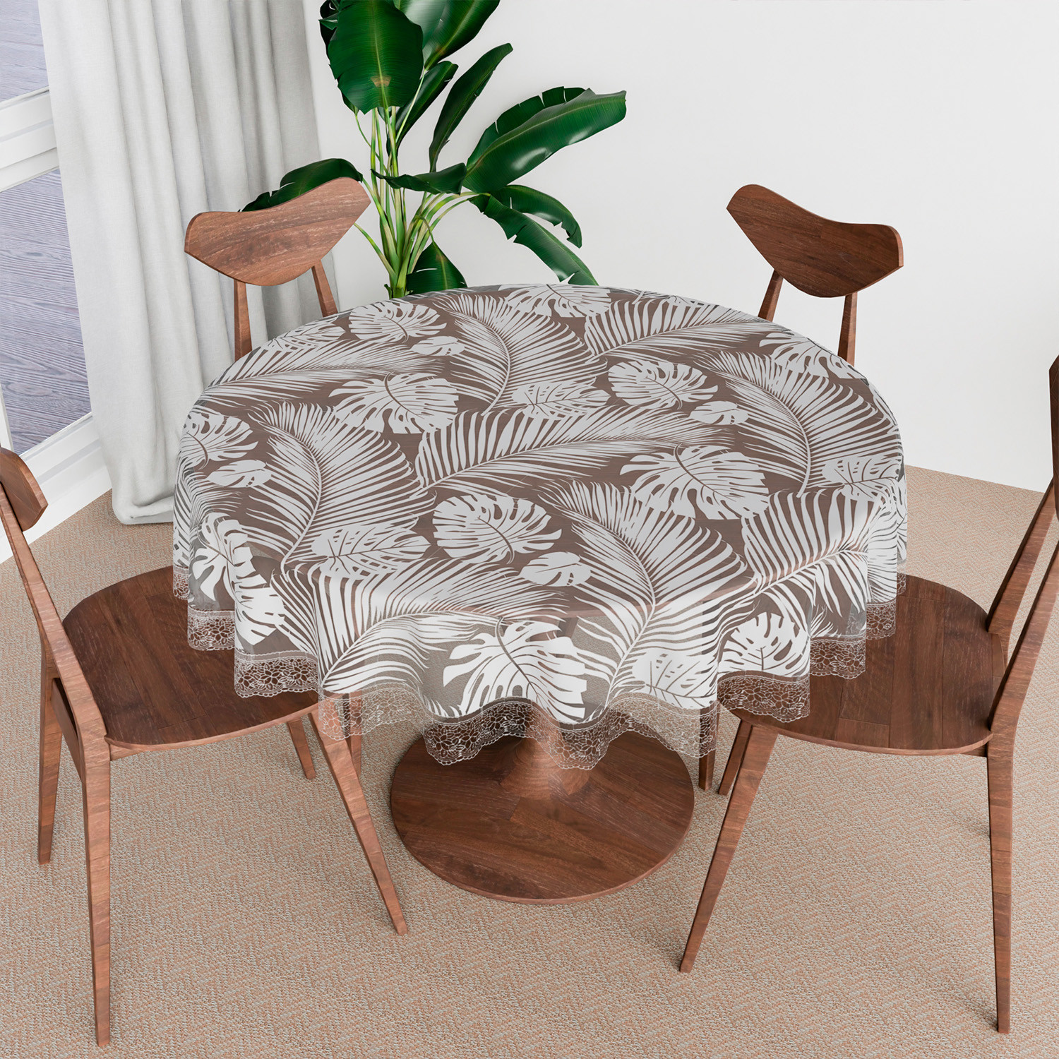 Kuber Industries Round Table Cover | PVC Table Cloth for Round Tables | 4 Seater Round Table Cloth | Self Leaf Kitchen Dining Tablecloth | Tabletop Cover | 60 Inch | White