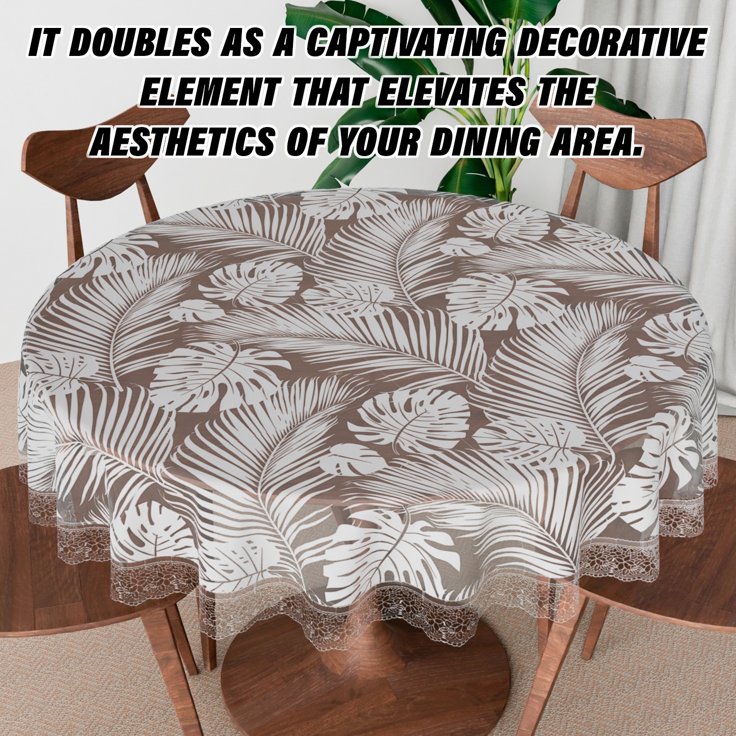 Kuber Industries Round Table Cover | PVC Table Cloth for Round Tables | 4 Seater Round Table Cloth | Self Leaf Kitchen Dining Tablecloth | Tabletop Cover | 60 Inch | White