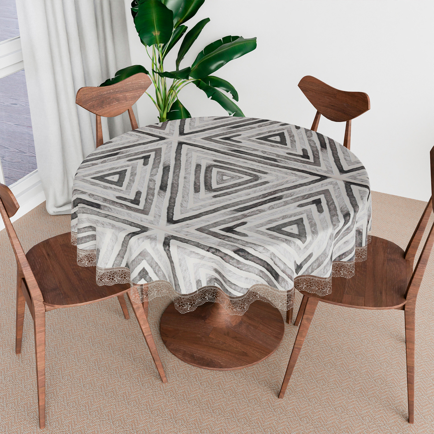 Kuber Industries Round Table Cover | PVC Table Cloth for Round Tables | 4 Seater Round Table Cloth | Triangle Kitchen Dining Tablecloth | Tabletop Cover | 60 Inch | Gray
