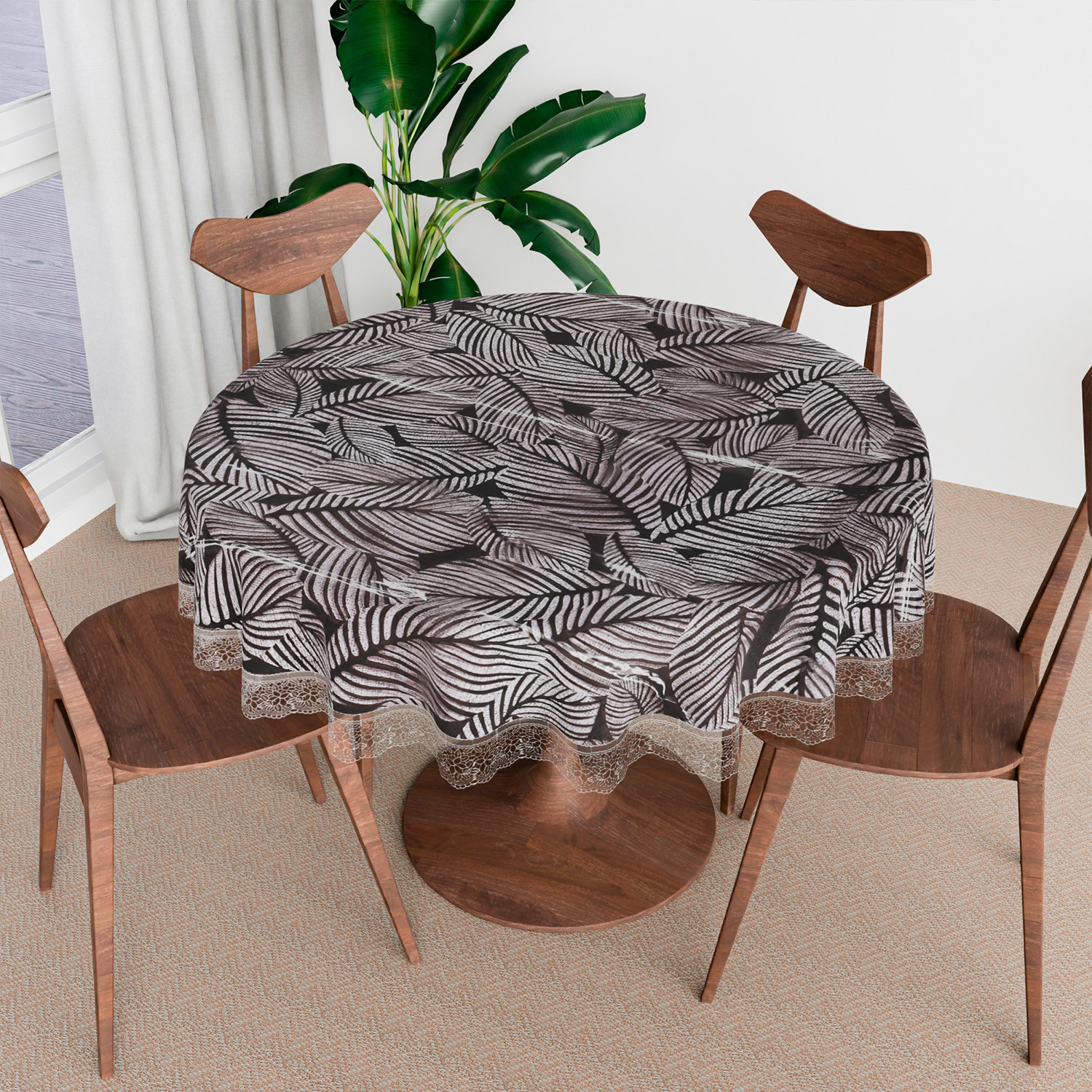 Kuber Industries Round Table Cover | PVC Table Cloth for Round Tables | 4 Seater Round Table Cloth | Transparent Leaf Kitchen Dining Tablecloth | Tabletop Cover | 60 Inch | Black