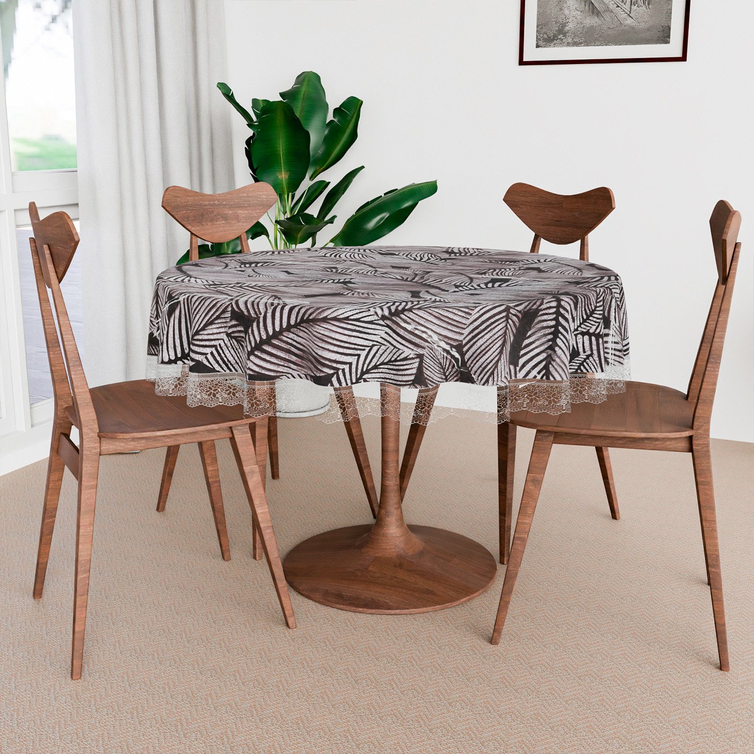 Kuber Industries Round Table Cover | PVC Table Cloth for Round Tables | 4 Seater Round Table Cloth | Transparent Leaf Kitchen Dining Tablecloth | Tabletop Cover | 60 Inch | Black