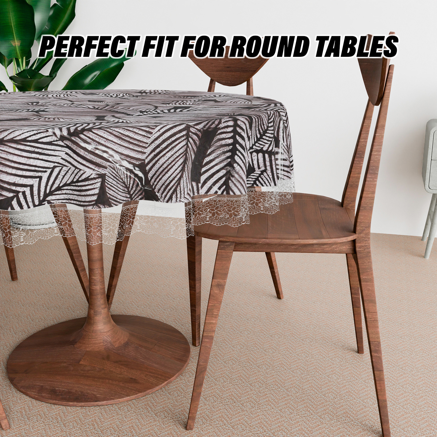 Kuber Industries Round Table Cover | PVC Table Cloth for Round Tables | 4 Seater Round Table Cloth | Transparent Leaf Kitchen Dining Tablecloth | Tabletop Cover | 60 Inch | Black